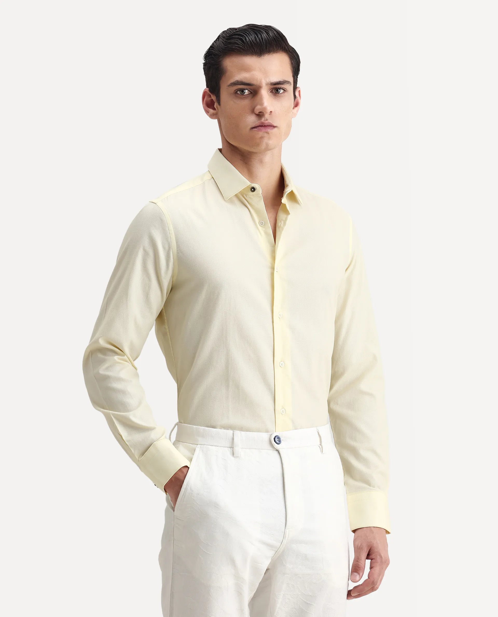 Rare Rabbit Men's Lasko Pastel Yellow Cotton Plain Regular Fit Full Sleeve Collared Shirt