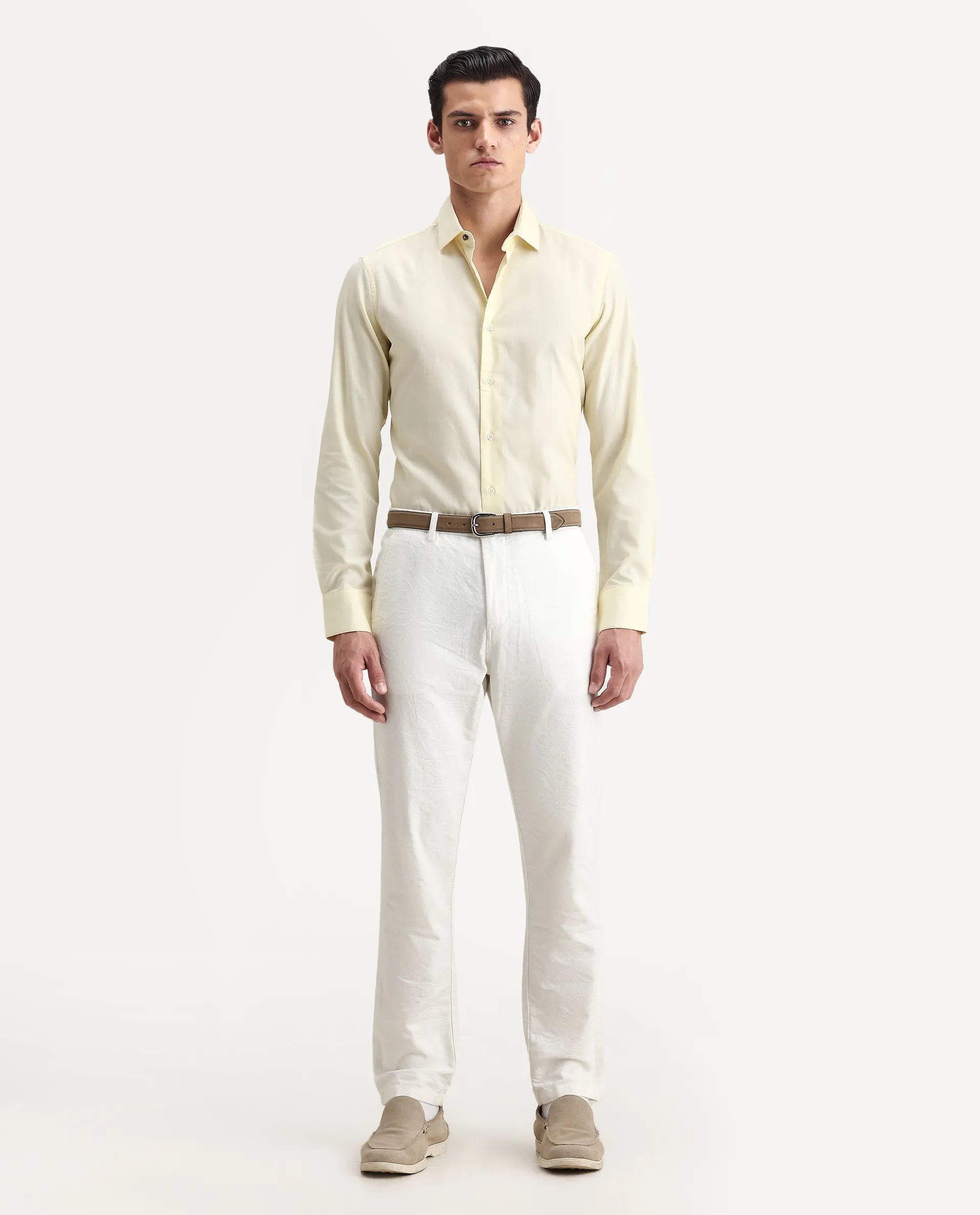 Rare Rabbit Men's Lasko Pastel Yellow Cotton Plain Regular Fit Full Sleeve Collared Shirt