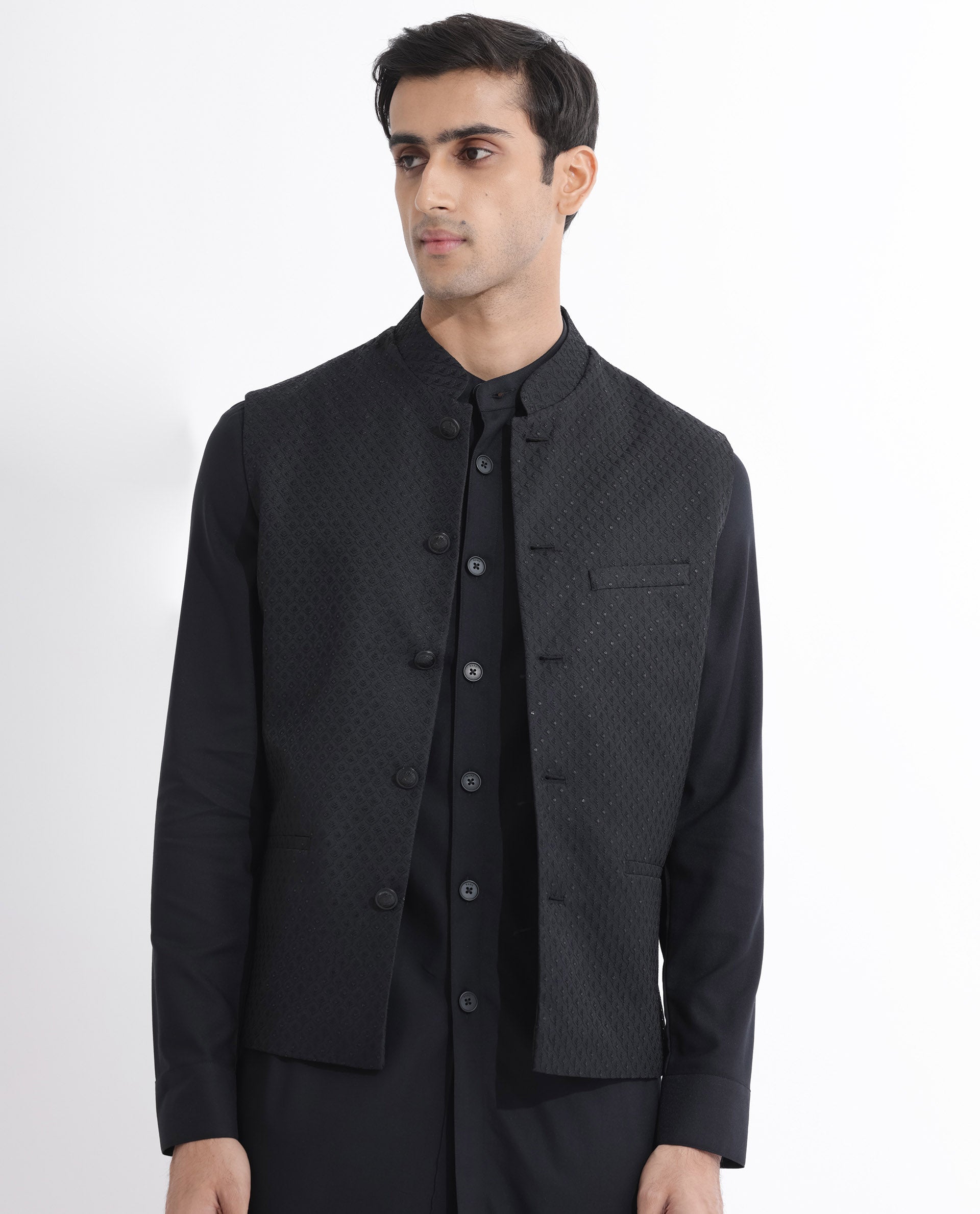 Rare Rabbit Mens Lasmos-B Black Bandi Sleeveless Mandarin Collar