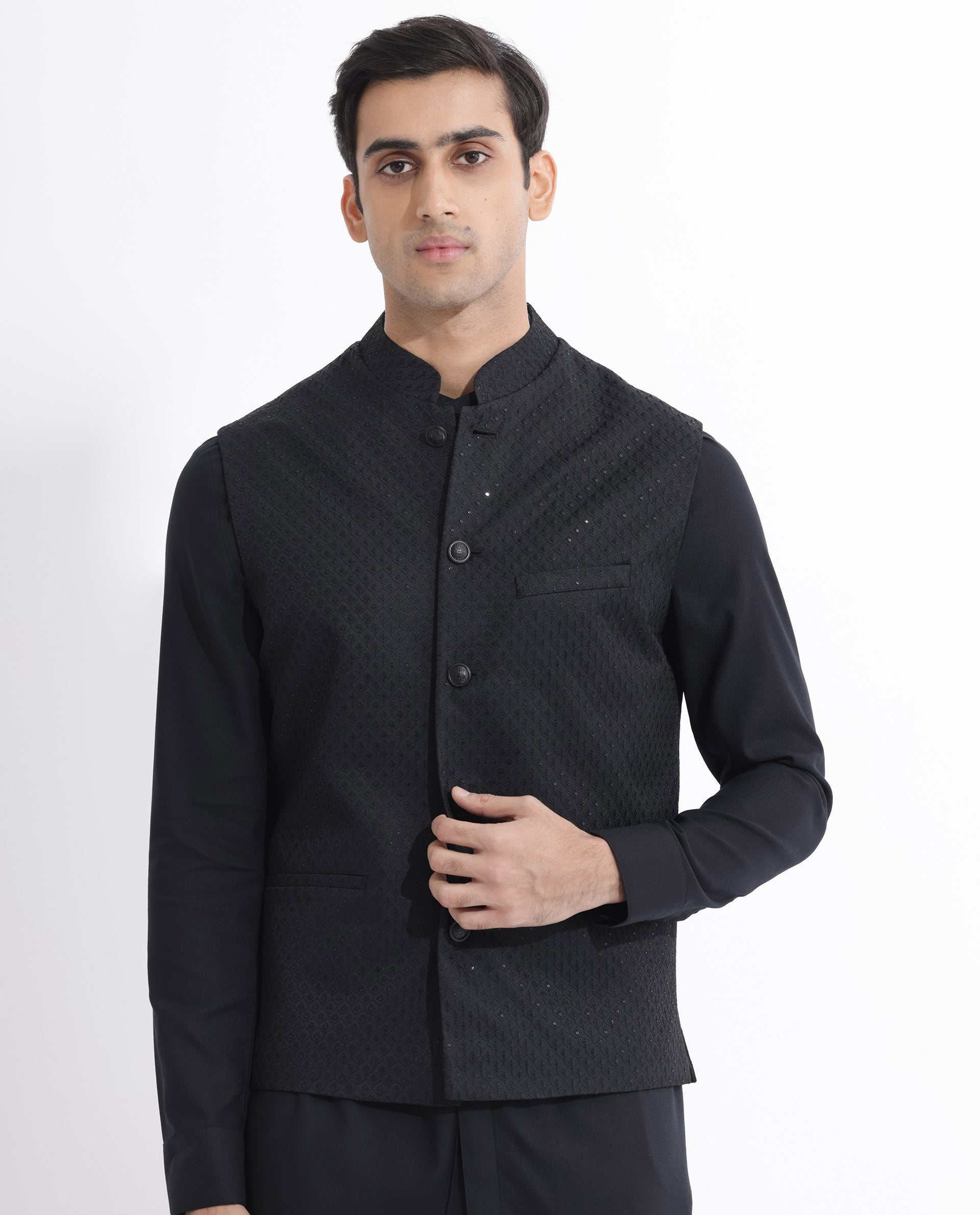 Rare Rabbit Mens Lasmos-B Black Bandi Sleeveless Mandarin Collar