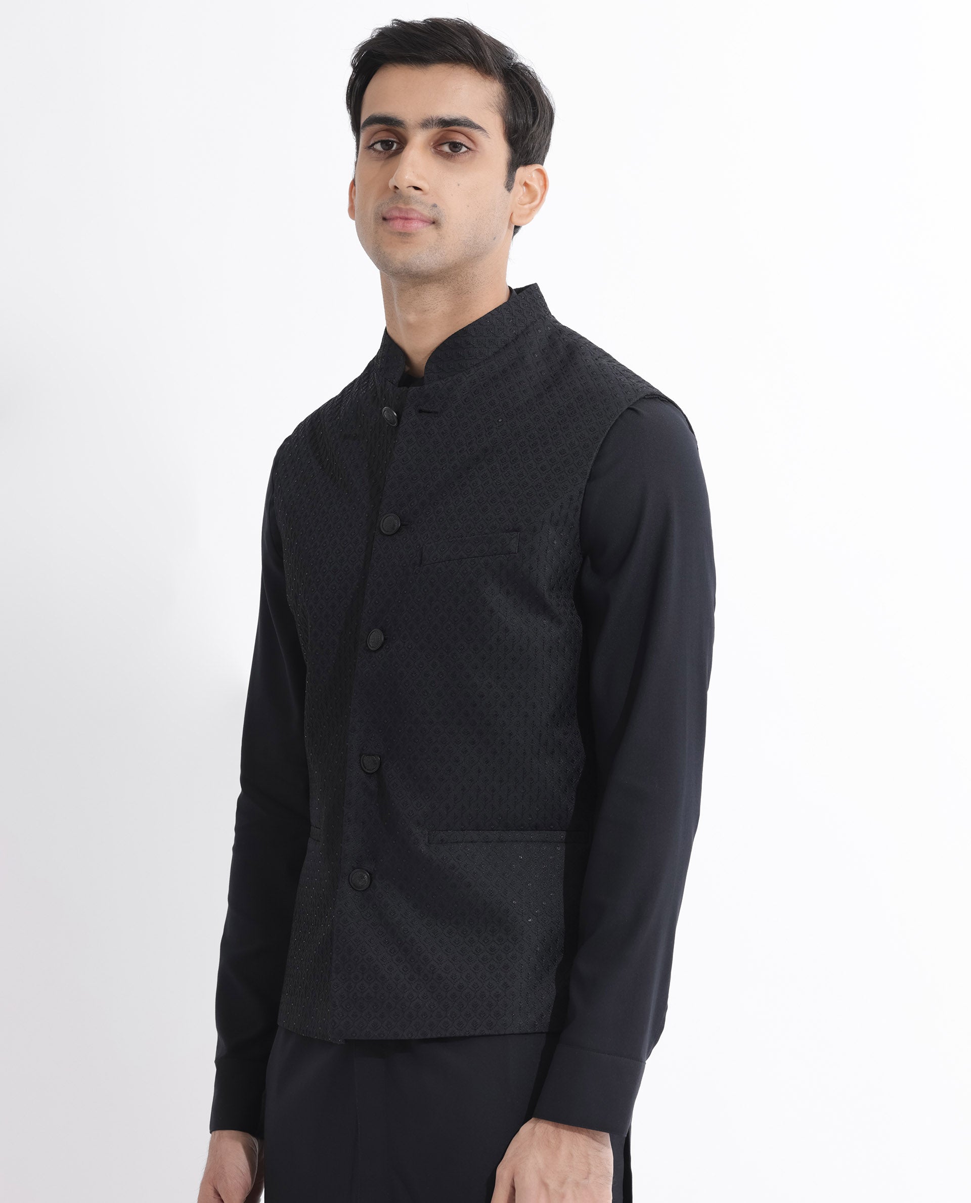 Rare Rabbit Mens Lasmos-B Black Bandi Sleeveless Mandarin Collar