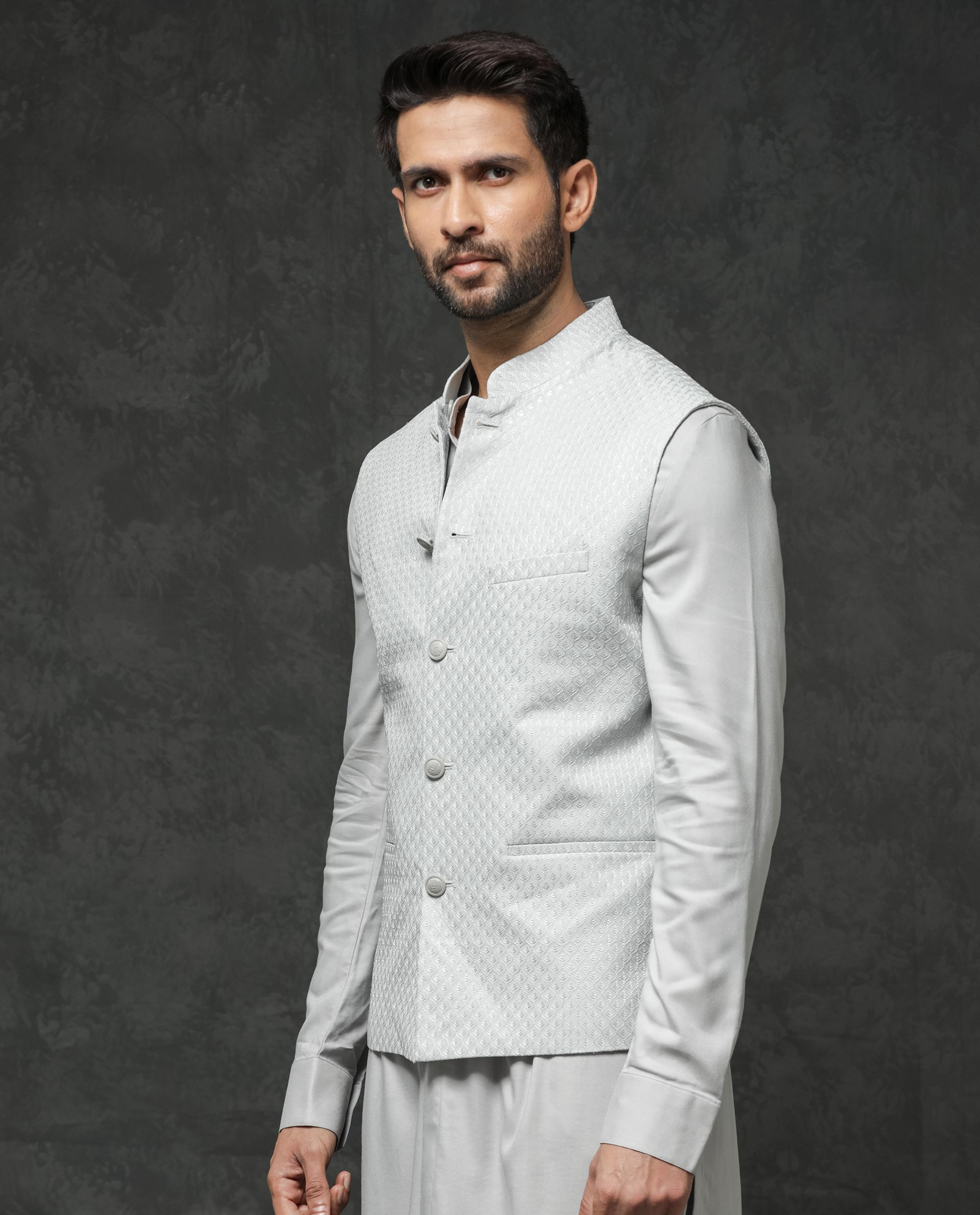 Rare Rabbit Men's Lasmos-B1 Light Grey Polyester Viscose Lycra Fabric Mandarin Collar Sleeveless Geometric Embroidery Bandi