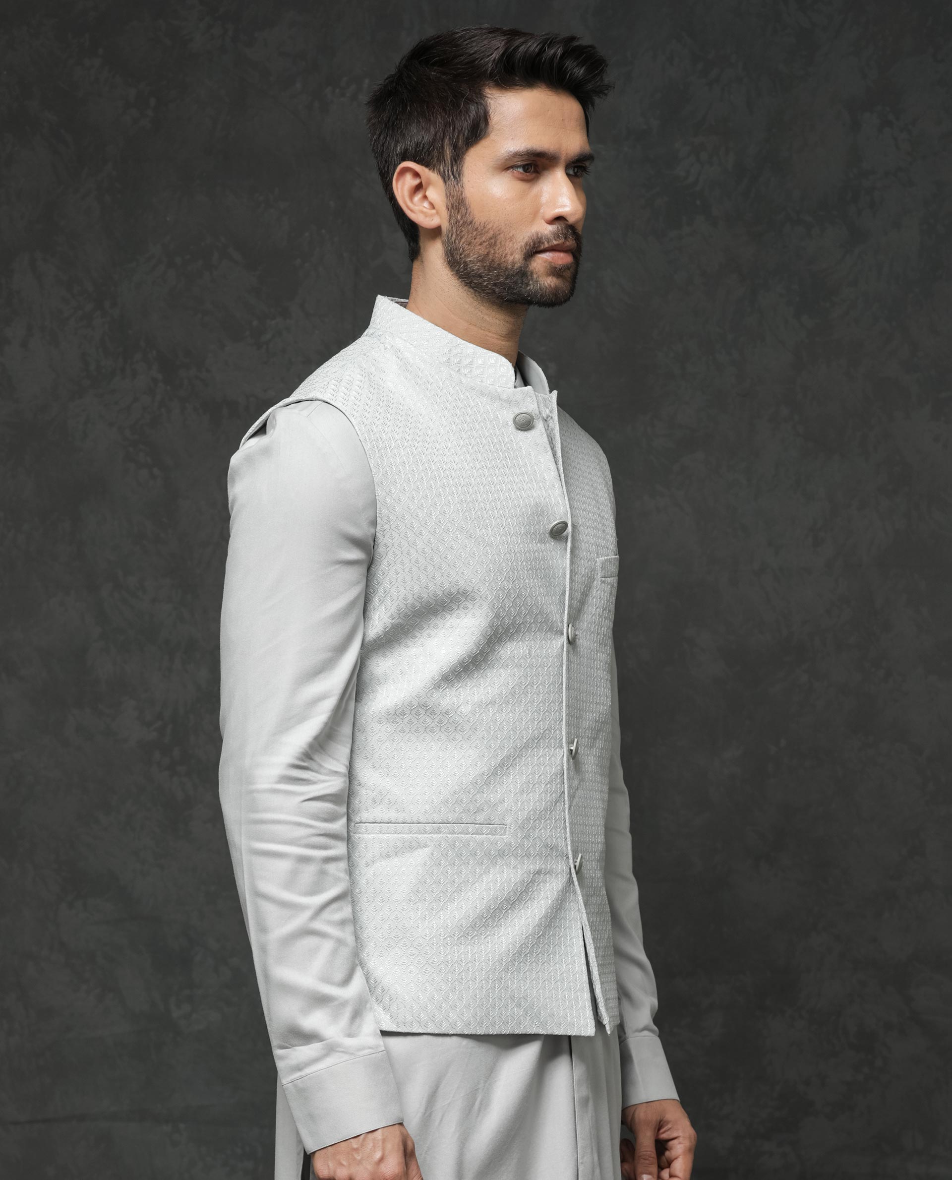 Rare Rabbit Men's Lasmos-B1 Light Grey Polyester Viscose Lycra Fabric Mandarin Collar Sleeveless Geometric Embroidery Bandi