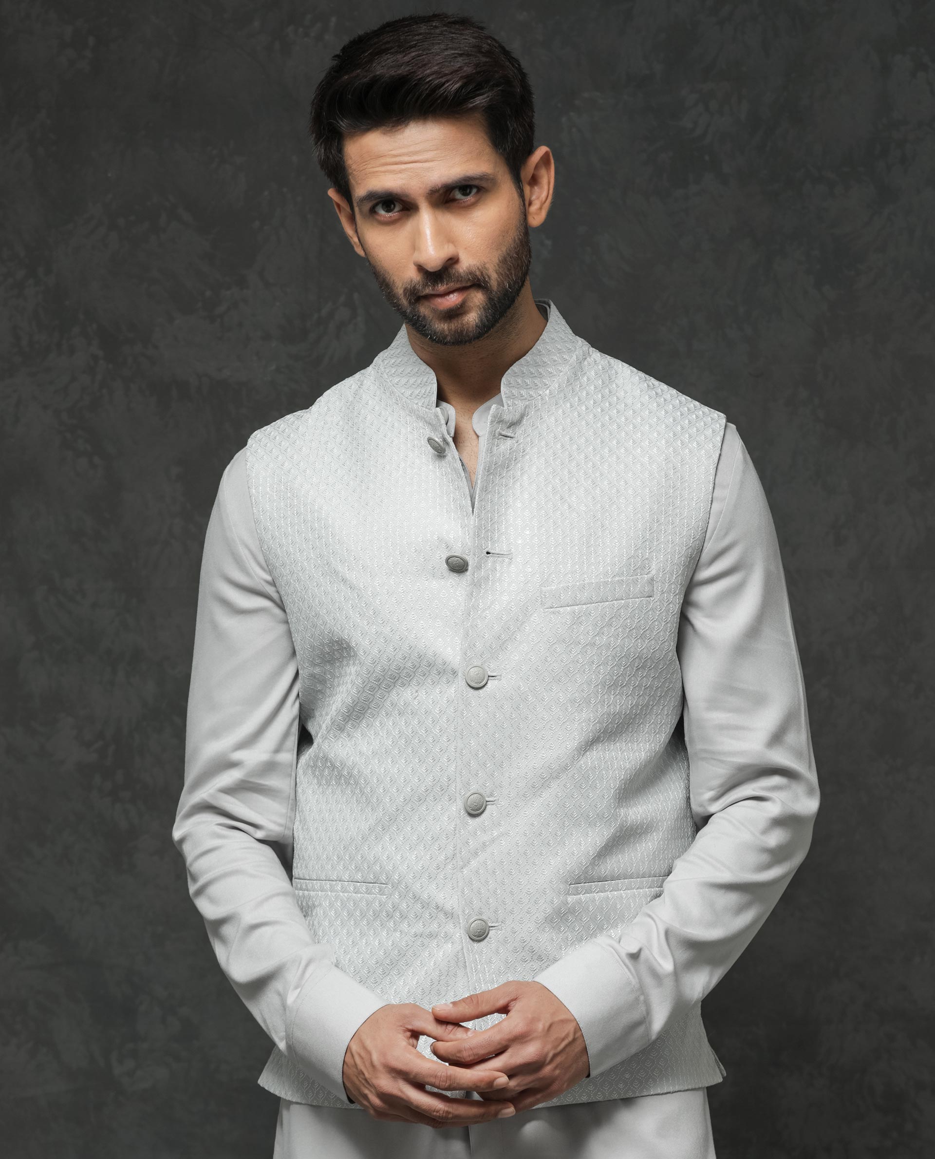 Rare Rabbit Men's Lasmos-B1 Light Grey Polyester Viscose Lycra Fabric Mandarin Collar Sleeveless Geometric Embroidery Bandi