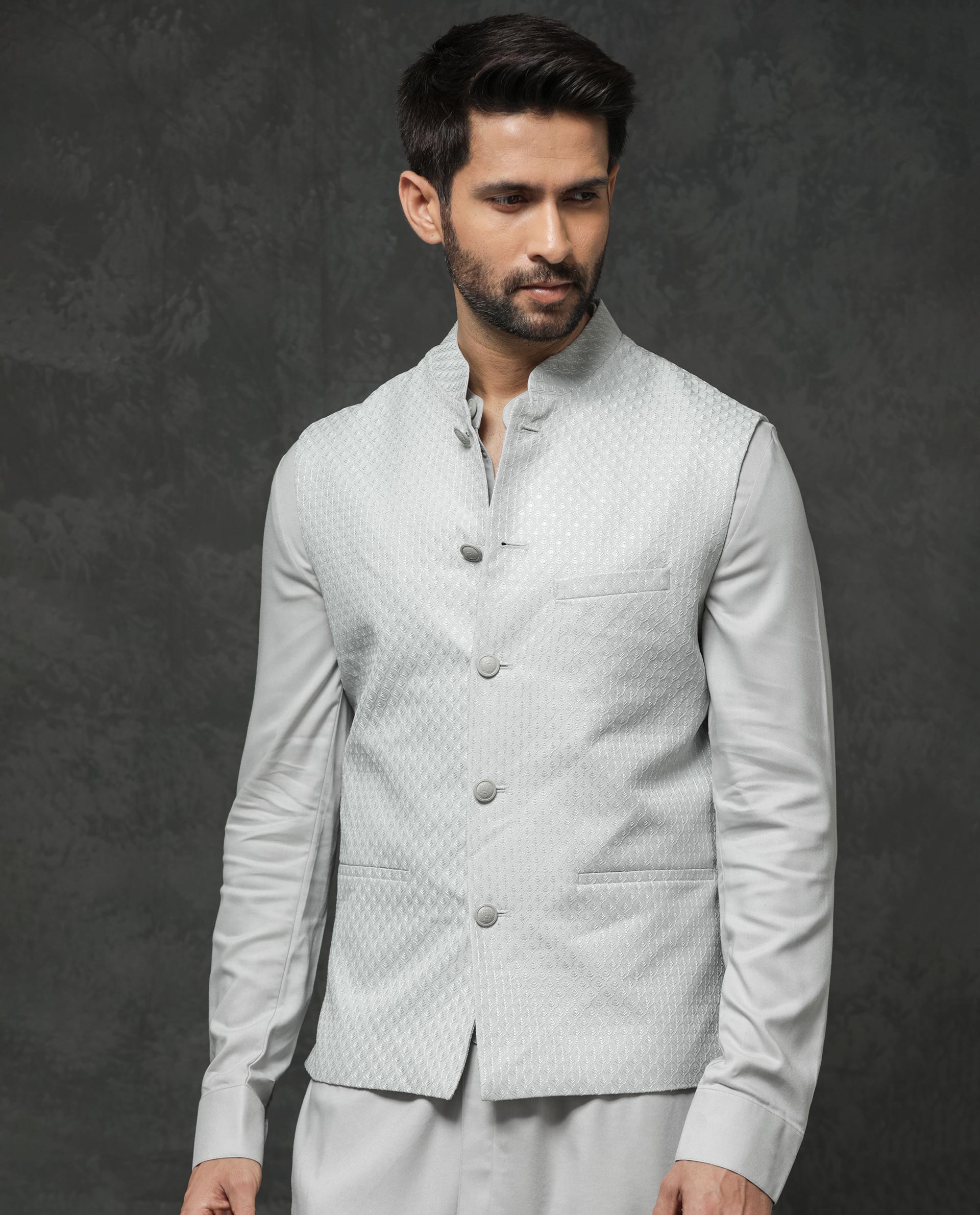 Rare Rabbit Men's Lasmos-B1 Light Grey Polyester Viscose Lycra Fabric Mandarin Collar Sleeveless Geometric Embroidery Bandi