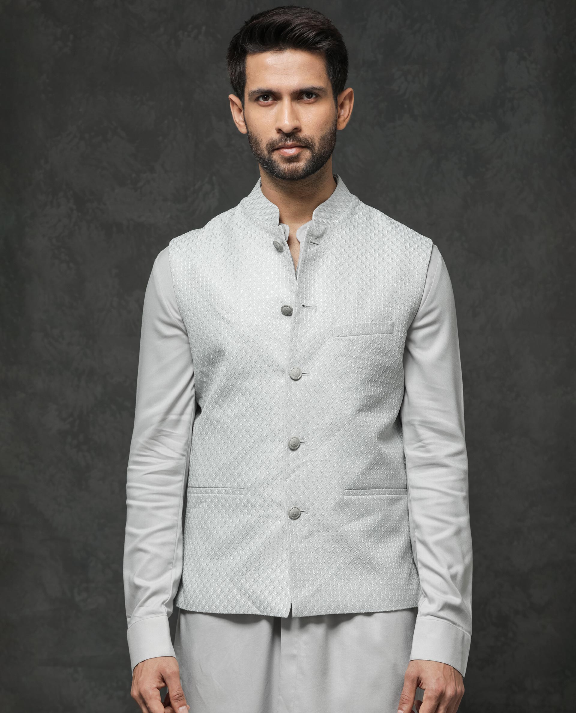 Rare Rabbit Men's Lasmos-B1 Light Grey Polyester Viscose Lycra Fabric Mandarin Collar Sleeveless Geometric Embroidery Bandi