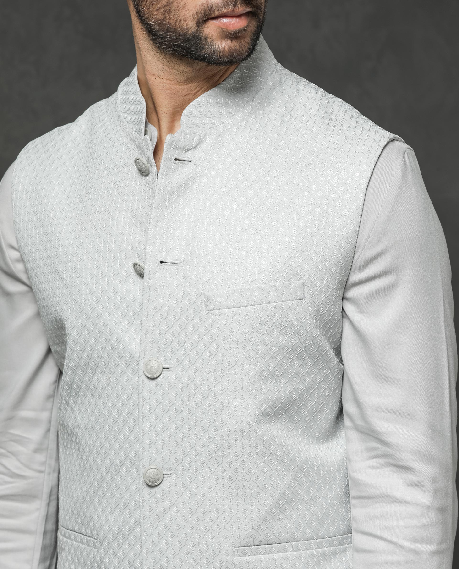 Rare Rabbit Men's Lasmos-B1 Light Grey Polyester Viscose Lycra Fabric Mandarin Collar Sleeveless Geometric Embroidery Bandi