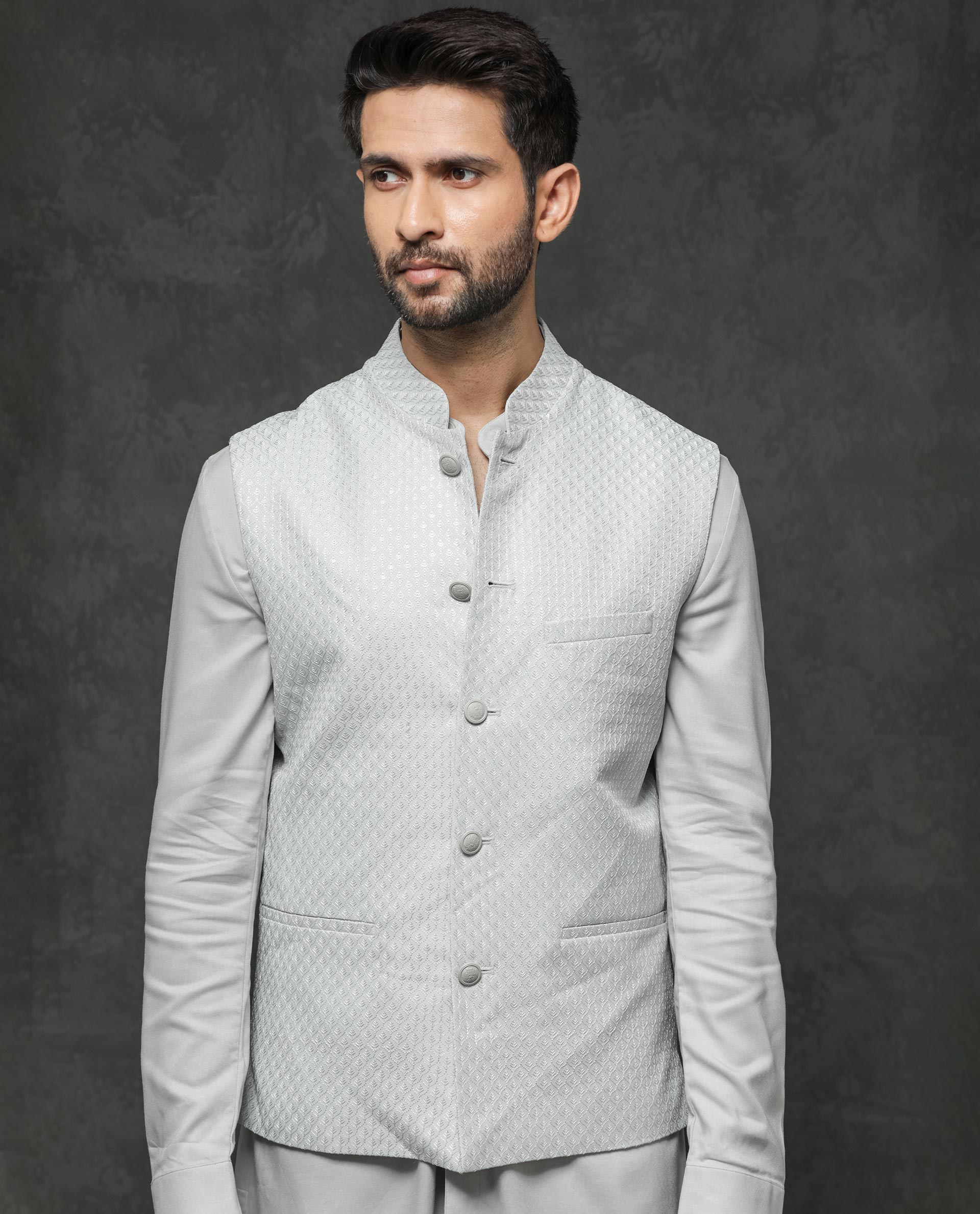 Rare Rabbit Men's Lasmos-B1 Light Grey Polyester Viscose Lycra Fabric Mandarin Collar Sleeveless Geometric Embroidery Bandi