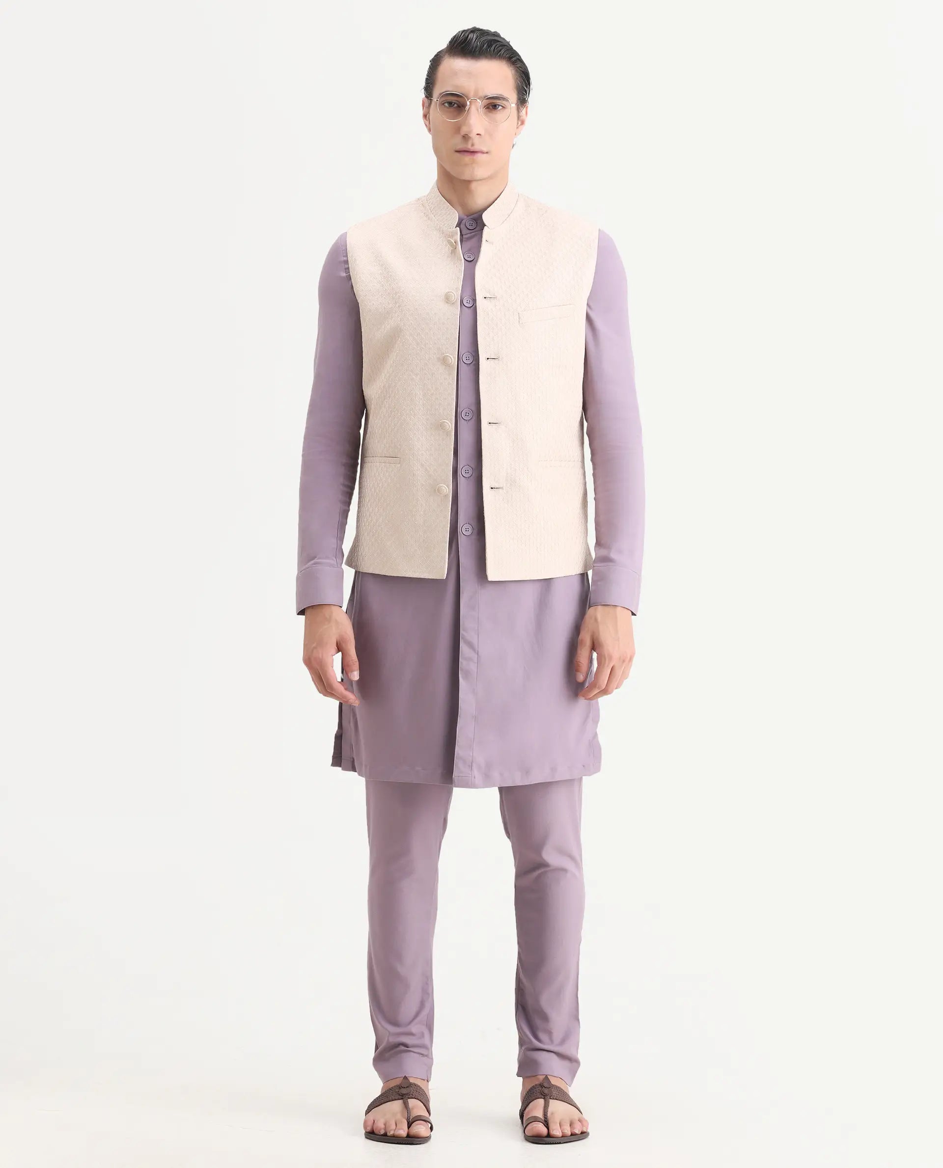 Rare Rabbit Men's Lasmos-B1 Beige Viscose Embroidered Regular Fit Sleeveless Mandarin Collar Bandhgala