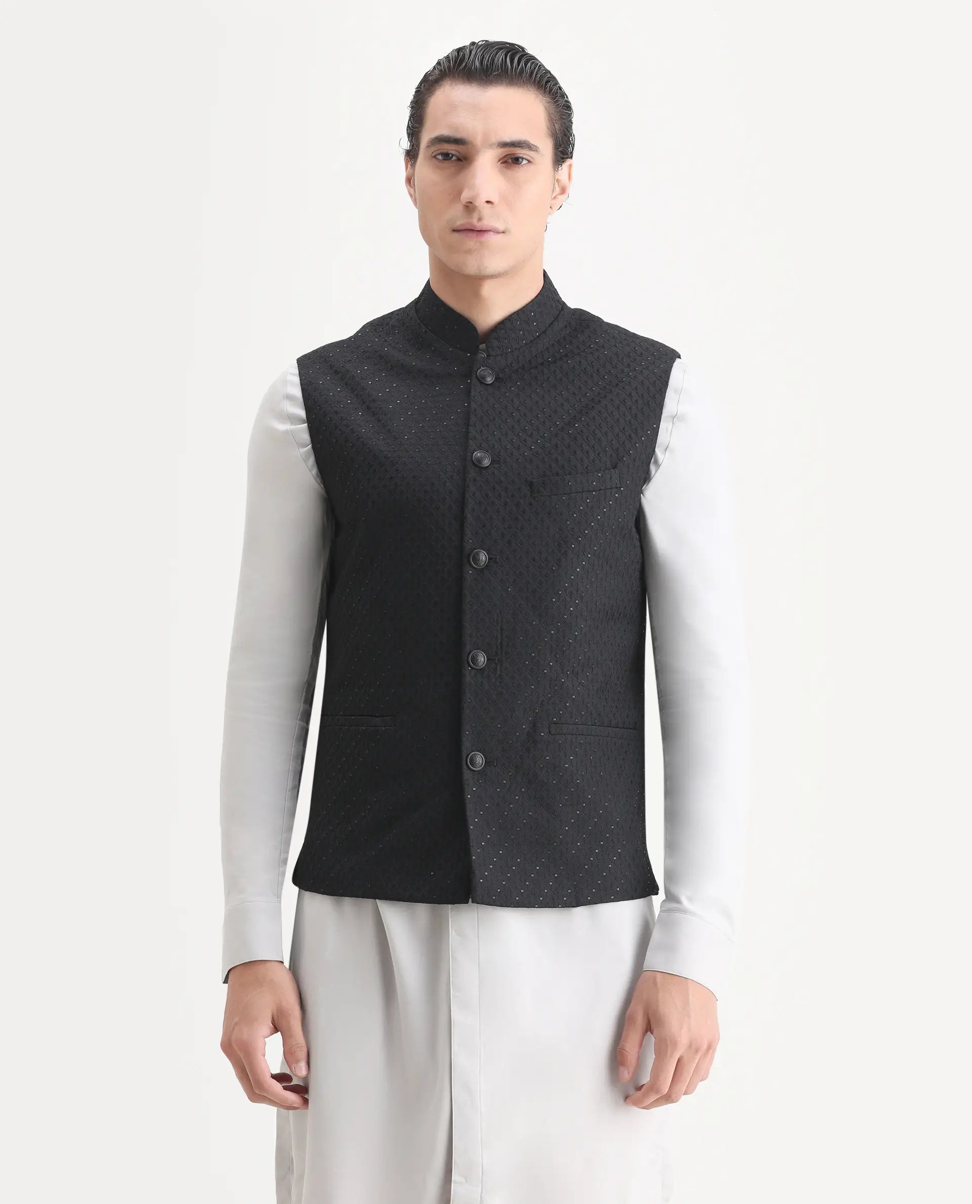 Rare Rabbit Men's Lasmos-B1 Black Viscose Embroidered Regular Fit Sleeveless Mandarin Collar Bandhgala