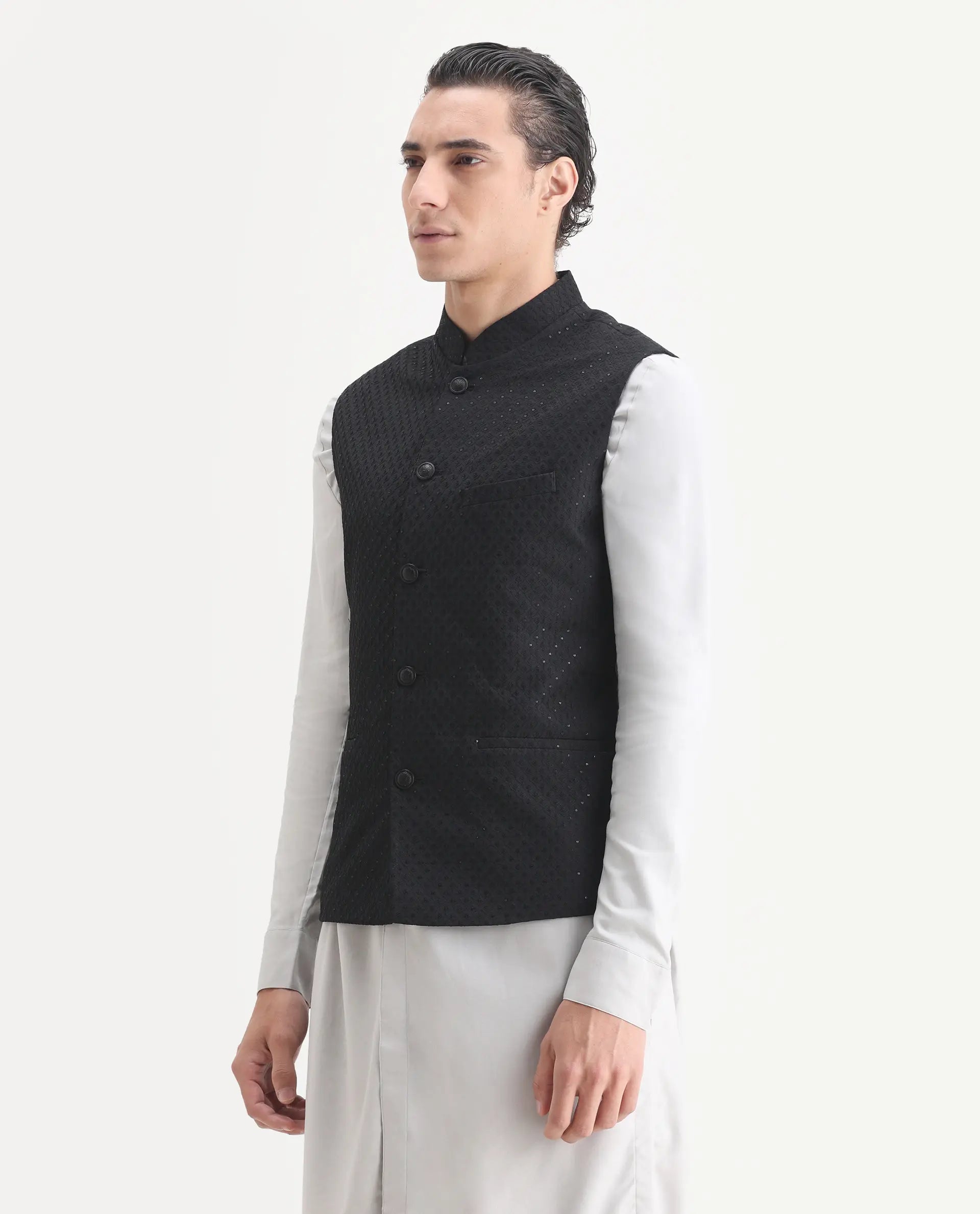 Rare Rabbit Men's Lasmos-B1 Black Viscose Embroidered Regular Fit Sleeveless Mandarin Collar Bandhgala