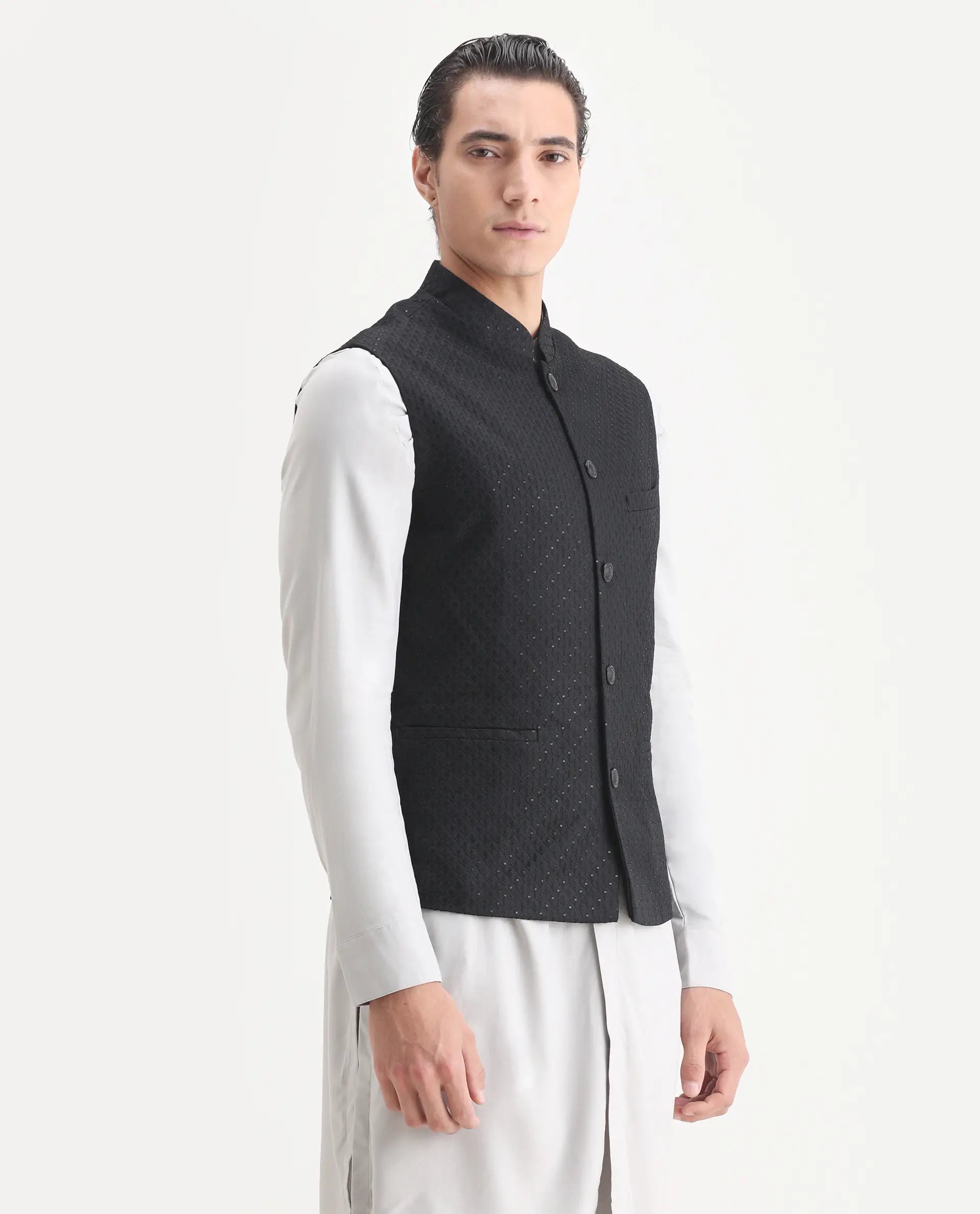 Rare Rabbit Men's Lasmos-B1 Black Viscose Embroidered Regular Fit Sleeveless Mandarin Collar Bandhgala