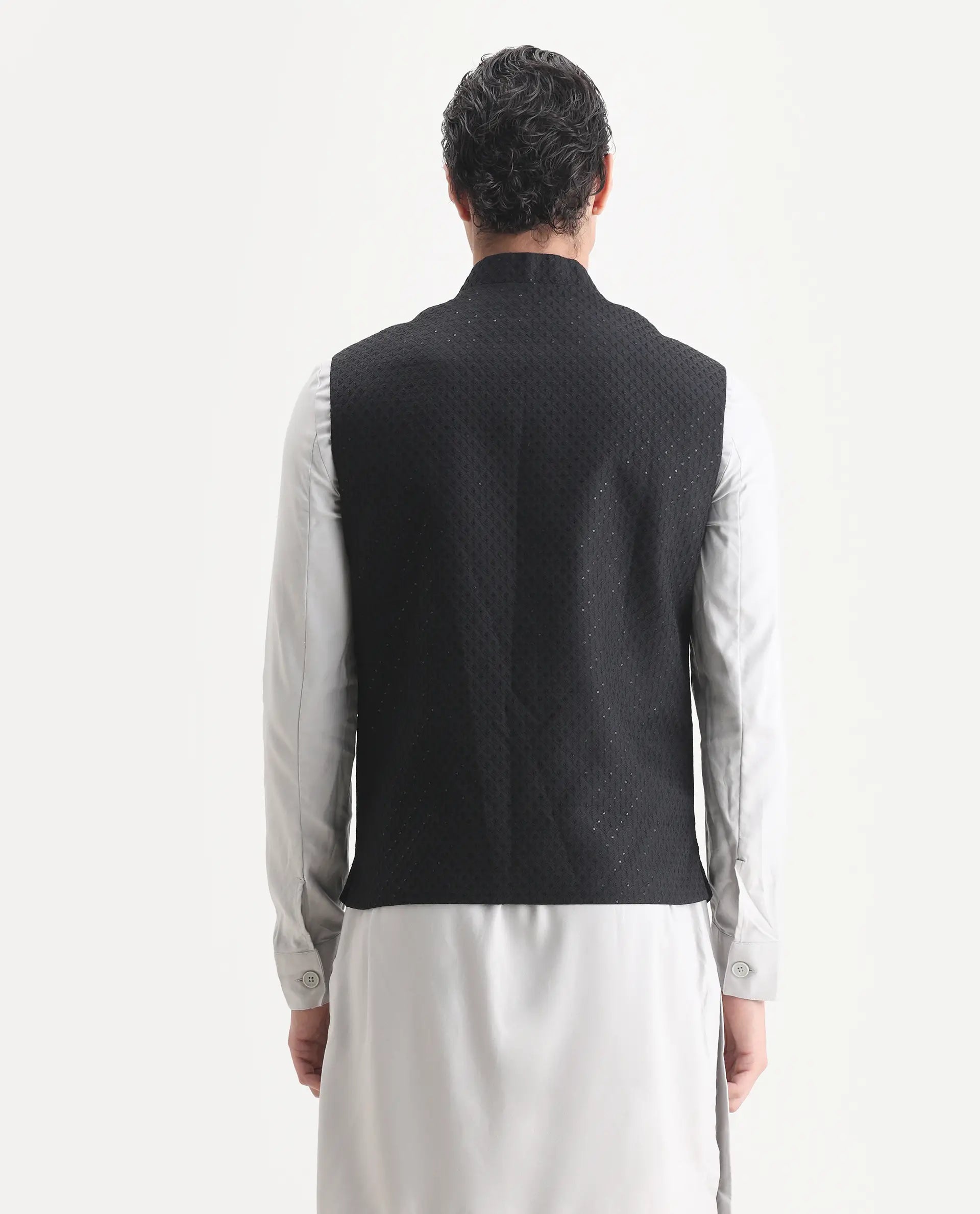 Rare Rabbit Men's Lasmos-B1 Black Viscose Embroidered Regular Fit Sleeveless Mandarin Collar Bandhgala