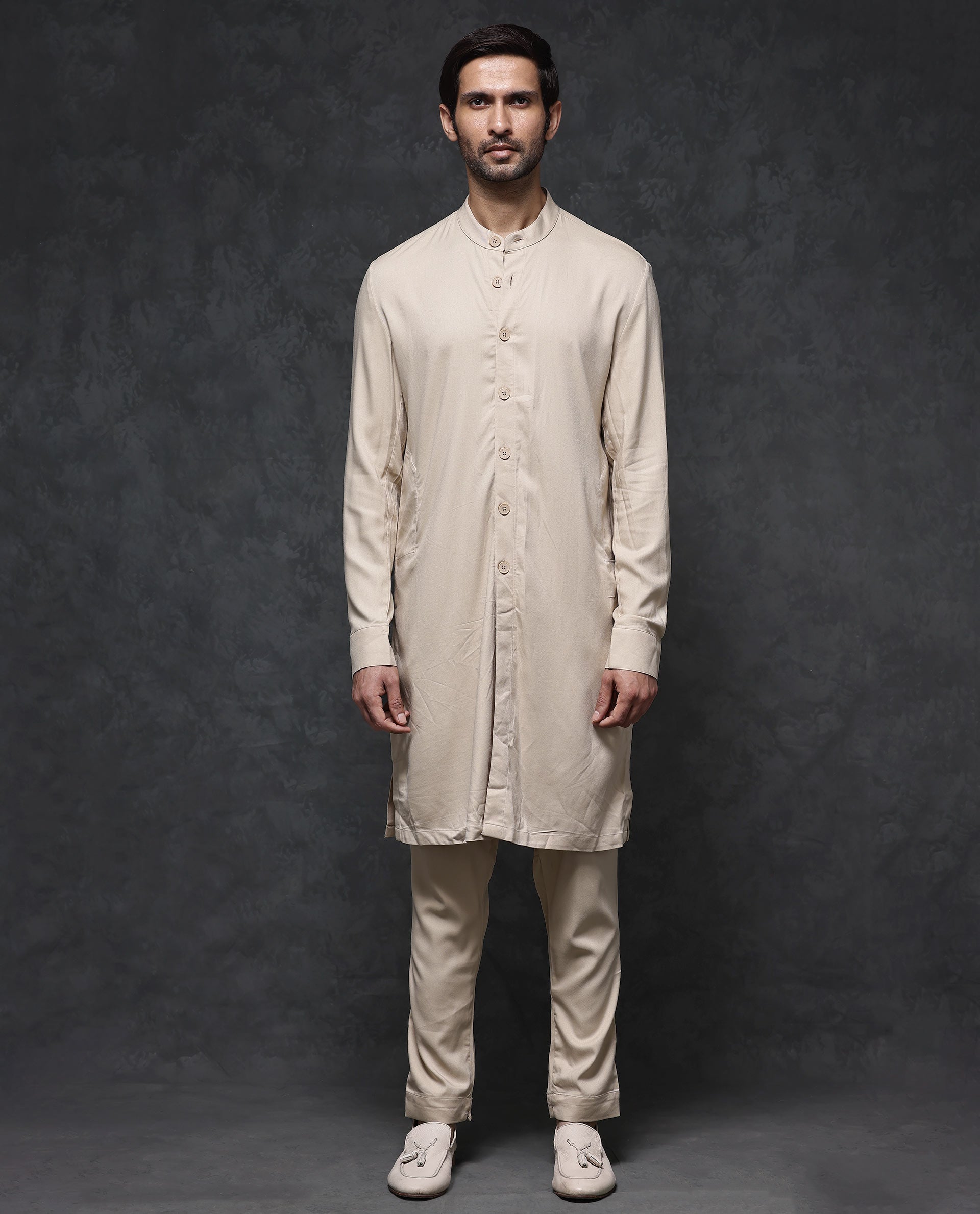 Rare Rabbit Men's Lasmos-K1 Beige Poly Viscose Fabric Full Sleeve Mandarin Collar Solid Regular Fit Kurta