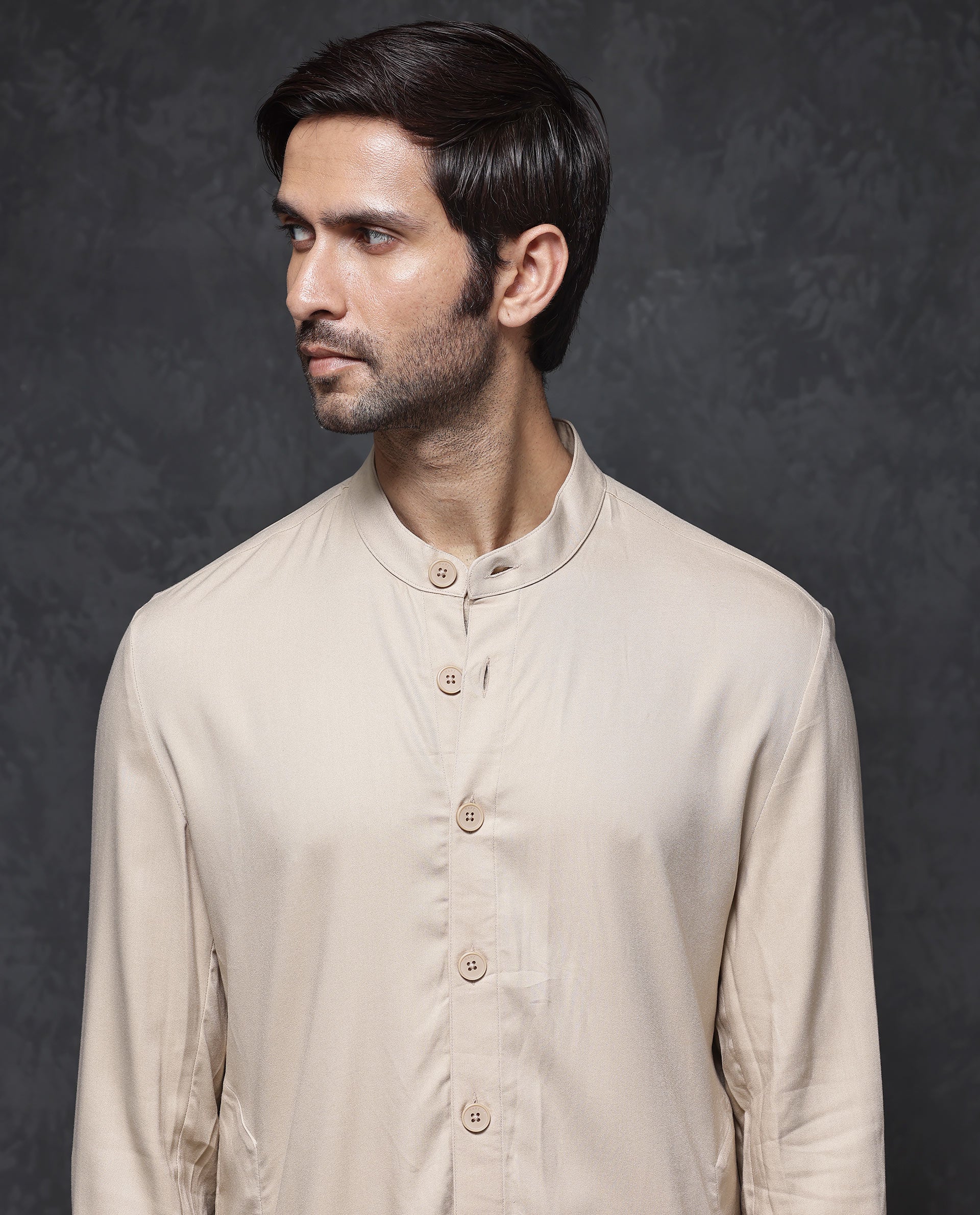 Rare Rabbit Men's Lasmos-K1 Beige Poly Viscose Fabric Full Sleeve Mandarin Collar Solid Regular Fit Kurta