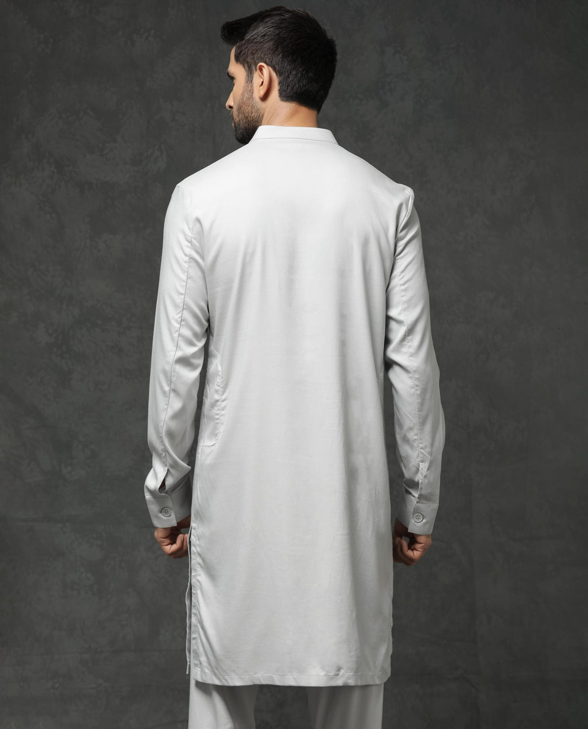 Rare Rabbit Men's Lasmos-K1 Light Grey Polyester Viscose Fabric Mandarin Collar Full Sleeve Solid Kurta