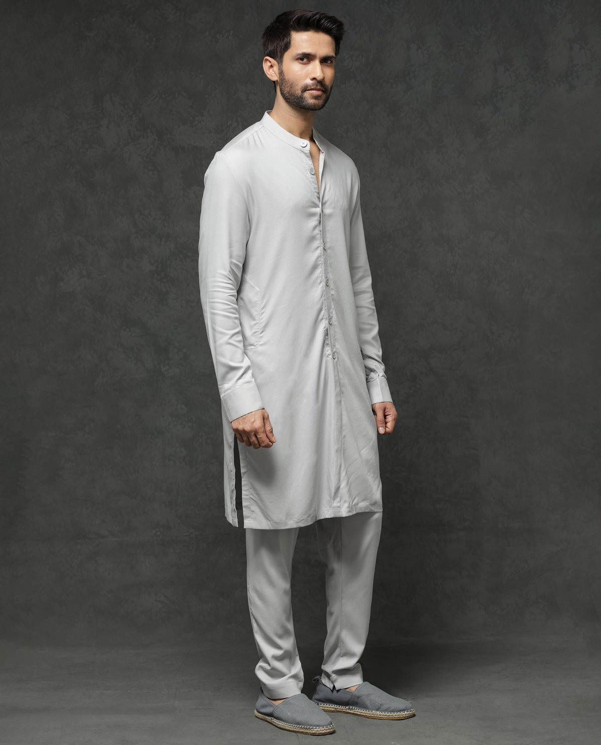 Rare Rabbit Men's Lasmos-K1 Light Grey Polyester Viscose Fabric Mandarin Collar Full Sleeve Solid Kurta