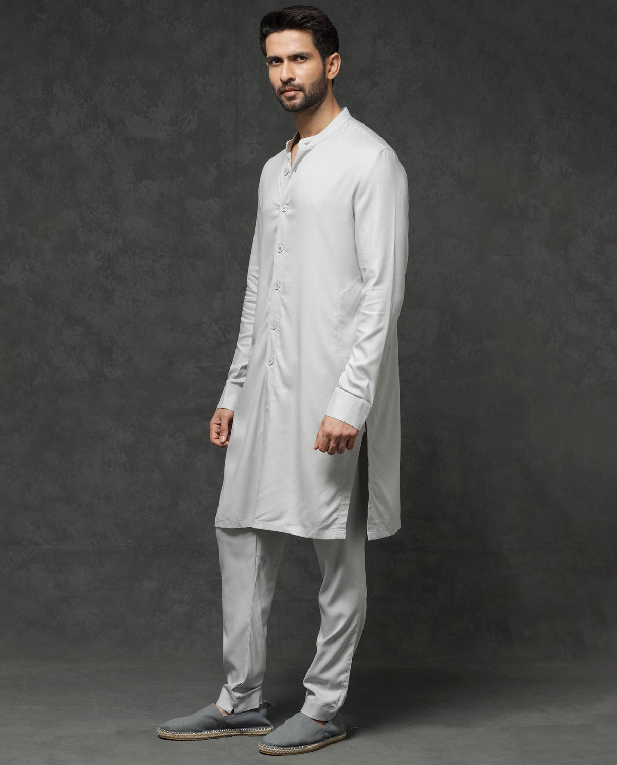 Rare Rabbit Men's Lasmos-K1 Light Grey Polyester Viscose Fabric Mandarin Collar Full Sleeve Solid Kurta