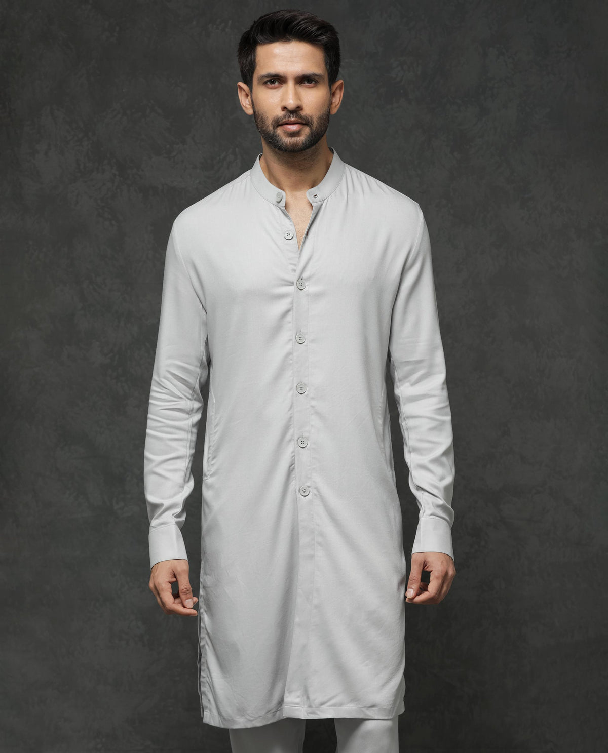 Rare Rabbit Men's Lasmos-K1 Light Grey Polyester Viscose Fabric Mandarin Collar Full Sleeve Solid Kurta
