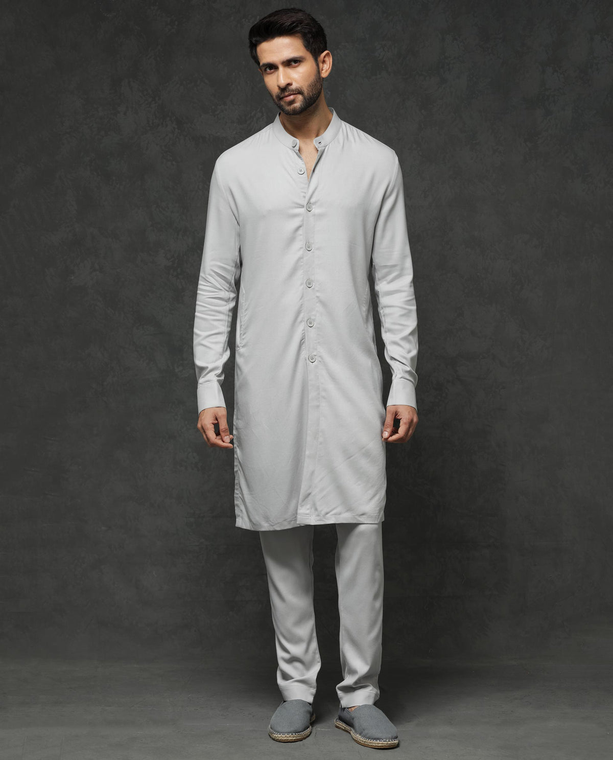 Rare Rabbit Men's Lasmos-K1 Light Grey Polyester Viscose Fabric Mandarin Collar Full Sleeve Solid Kurta