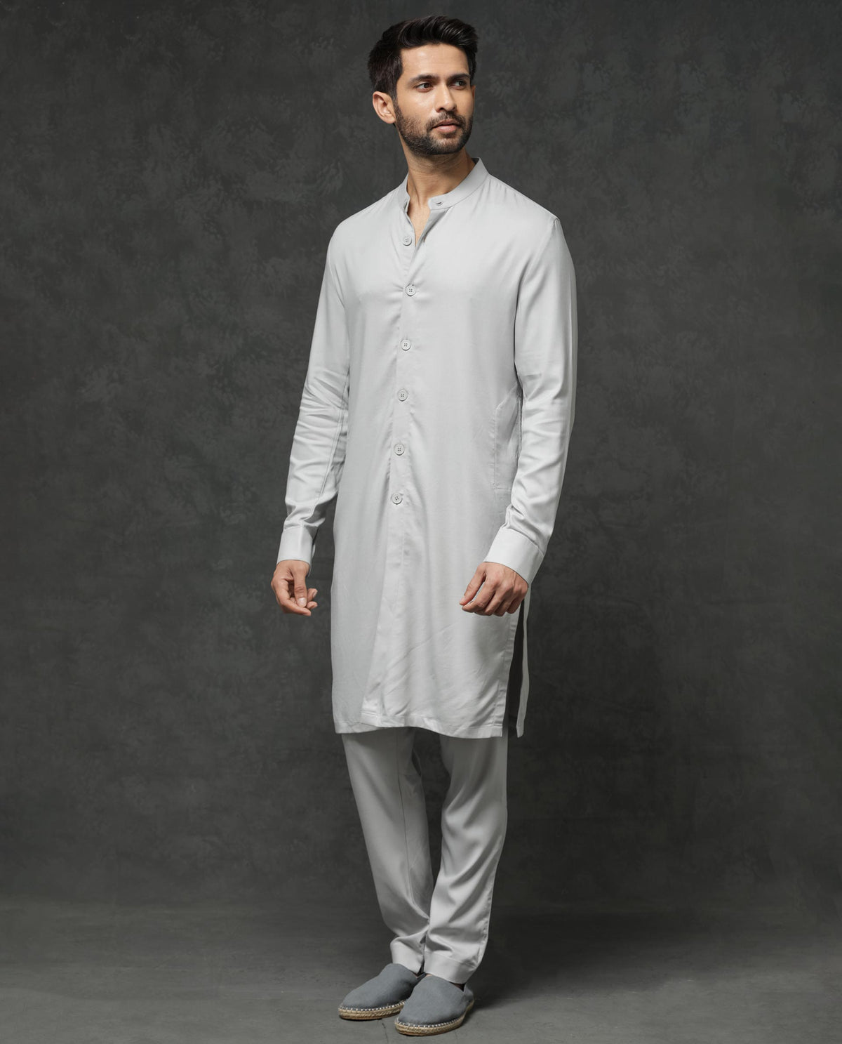 Rare Rabbit Men's Lasmos-K1 Light Grey Polyester Viscose Fabric Mandarin Collar Full Sleeve Solid Kurta