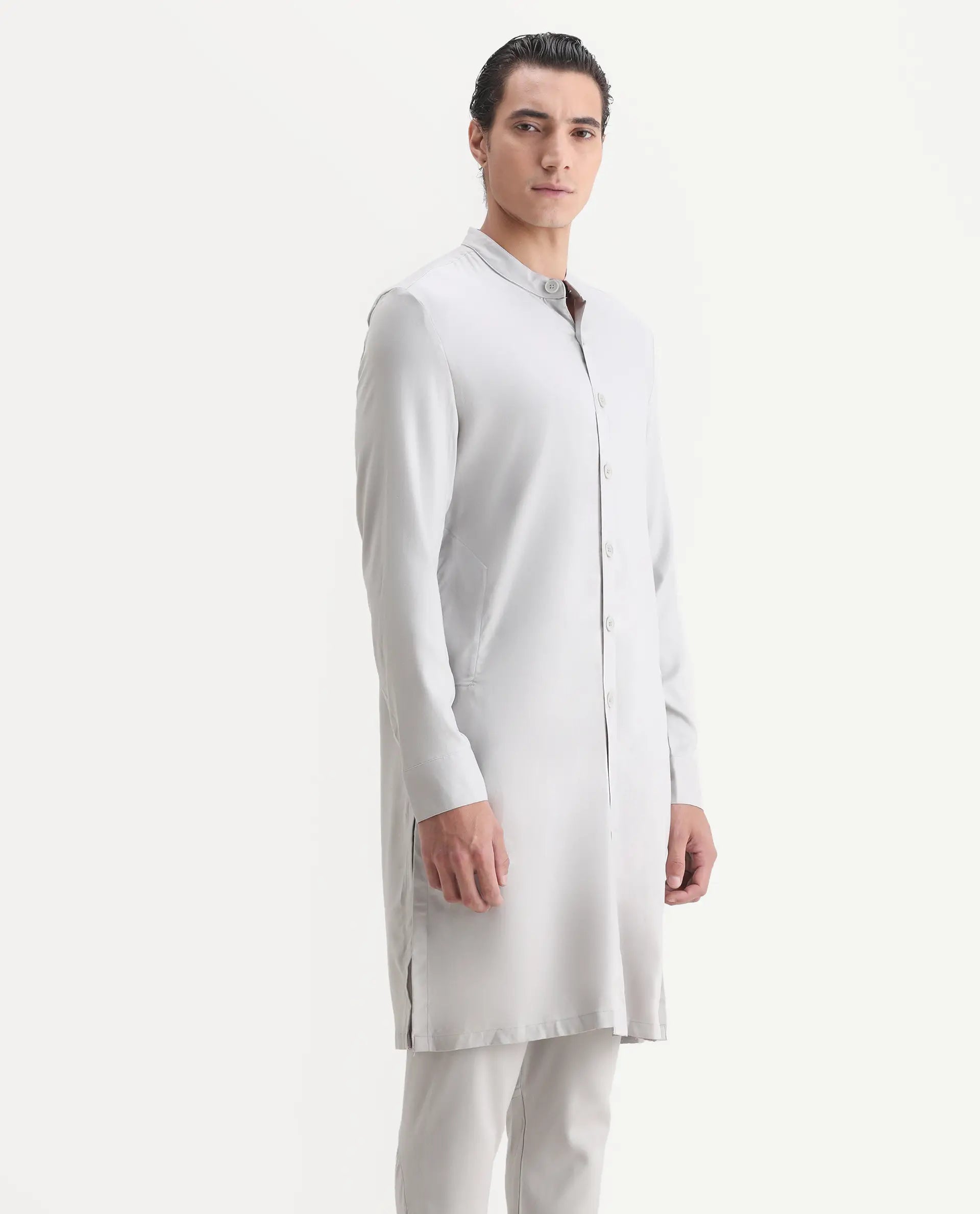 Rare Rabbit Men's Lasmosk Light Grey Plain Regular Fit Full Sleeve Mandarin Collar Kurta
