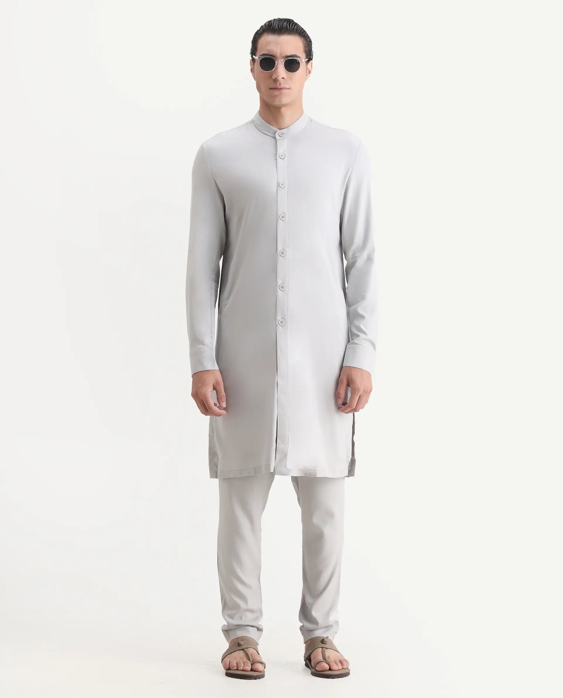 Rare Rabbit Men's Lasmosk Light Grey Plain Regular Fit Full Sleeve Mandarin Collar Kurta