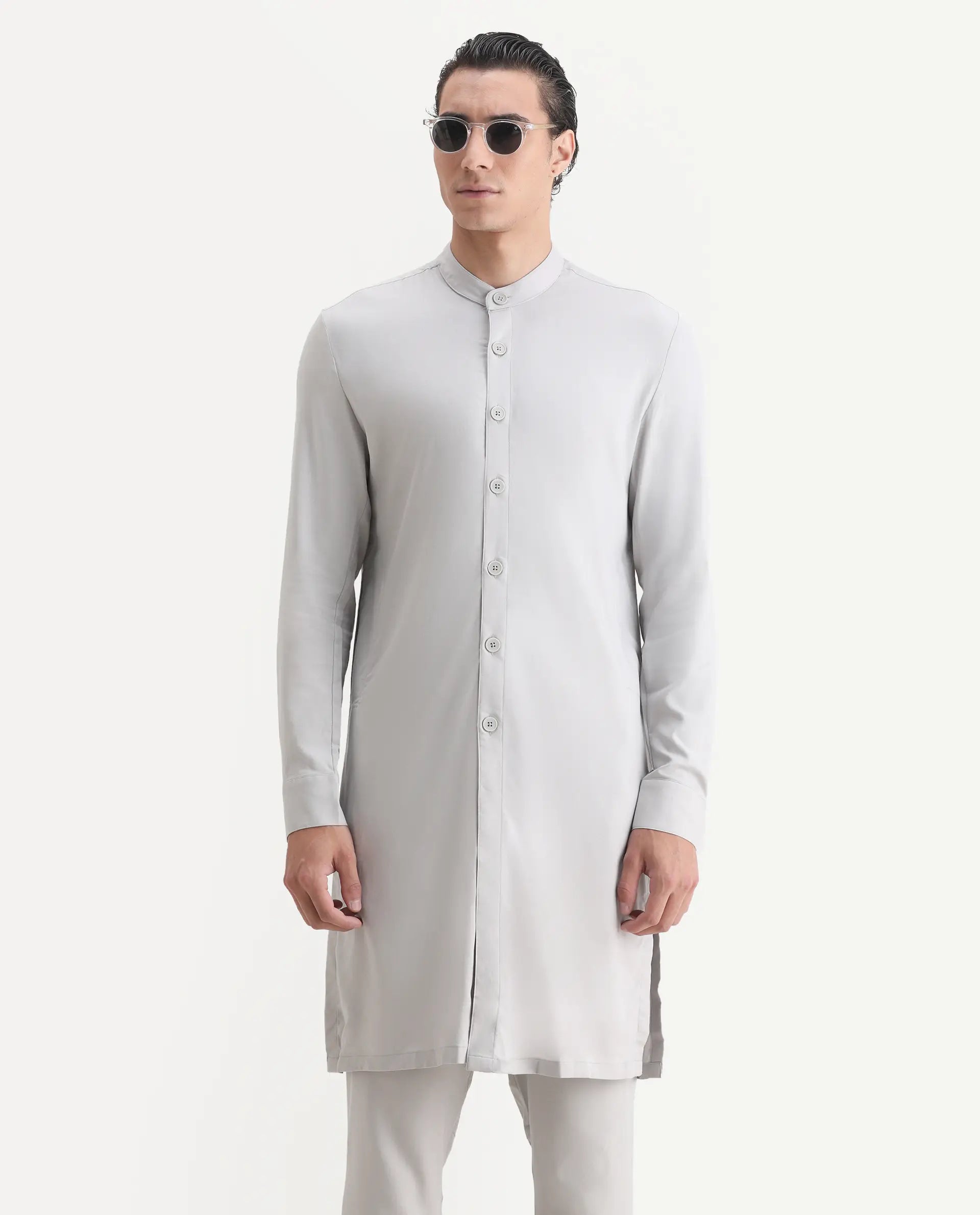 Rare Rabbit Men's Lasmosk Light Grey Plain Regular Fit Full Sleeve Mandarin Collar Kurta