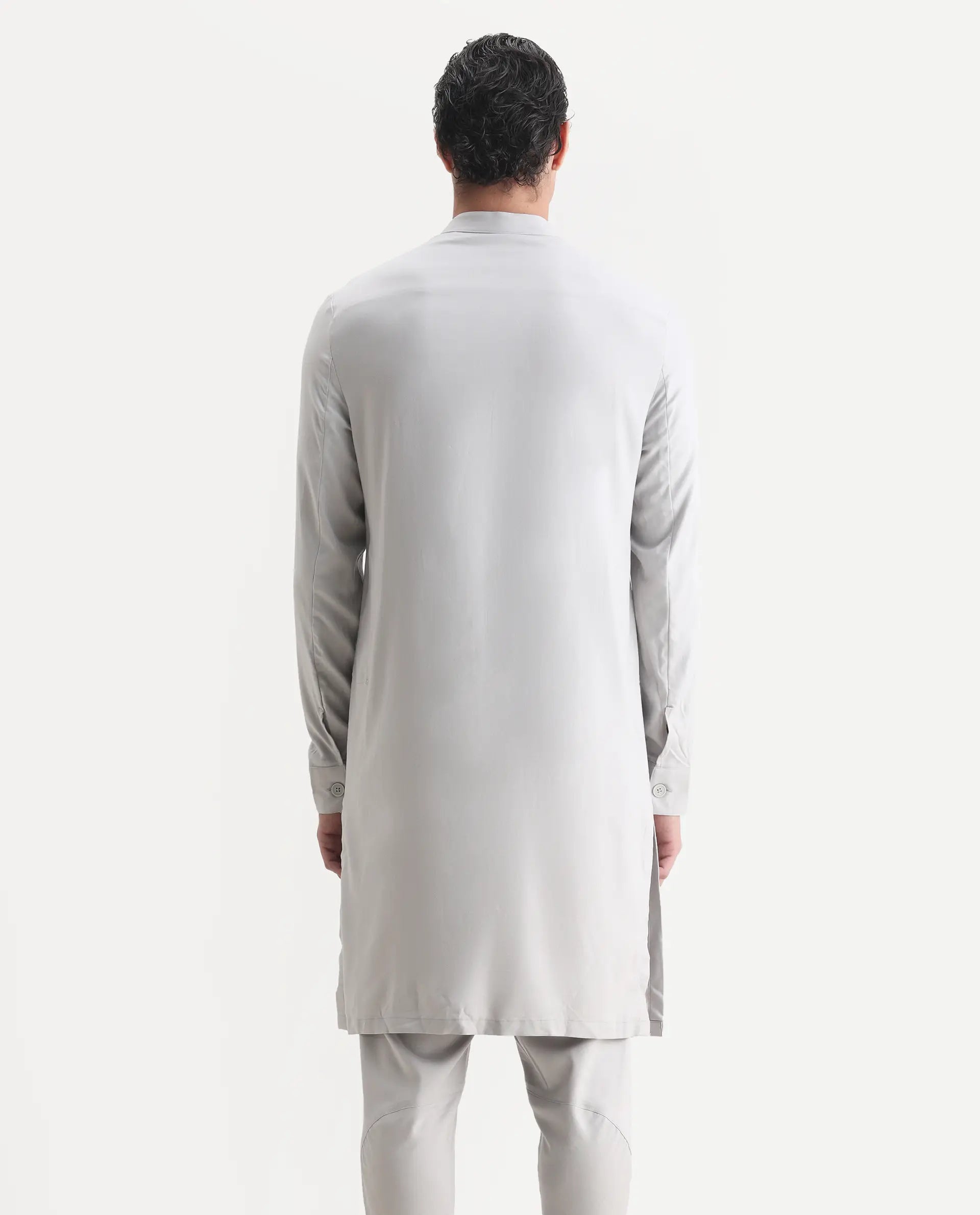 Rare Rabbit Men's Lasmosk Light Grey Plain Regular Fit Full Sleeve Mandarin Collar Kurta