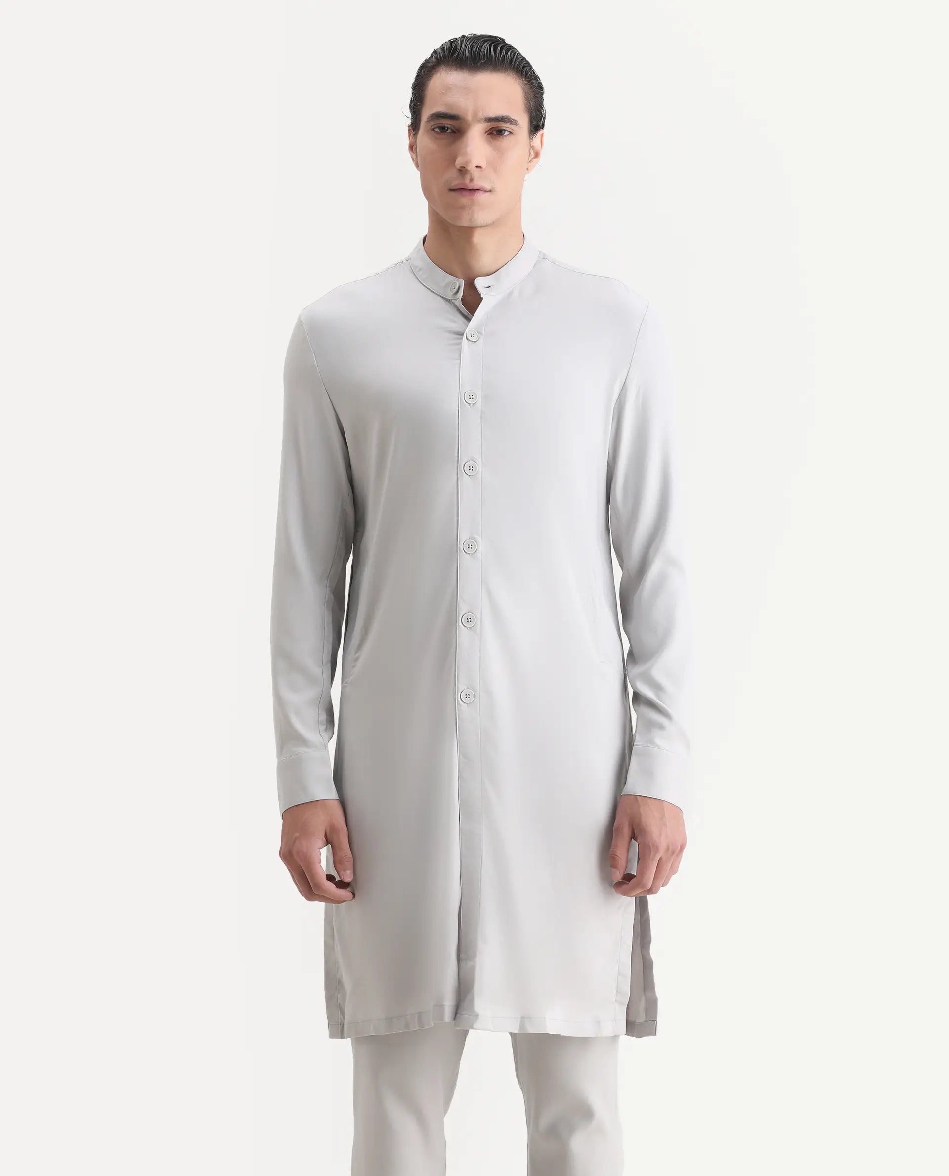 Rare Rabbit Men's Lasmosk Light Grey Plain Regular Fit Full Sleeve Mandarin Collar Kurta