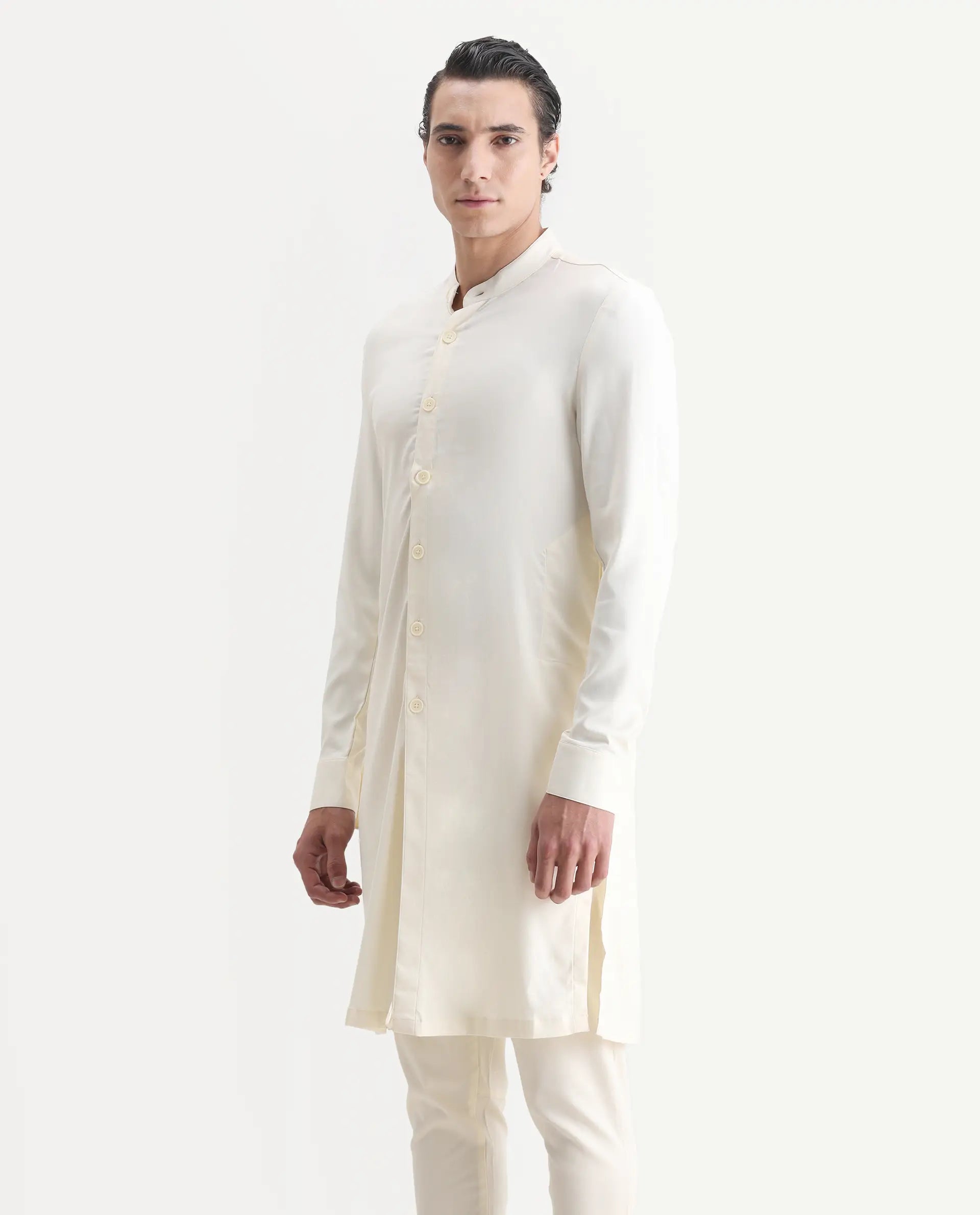 Rare Rabbit Men's Lasmosk Off White Plain Regular Fit Full Sleeve Mandarin Collar Kurta