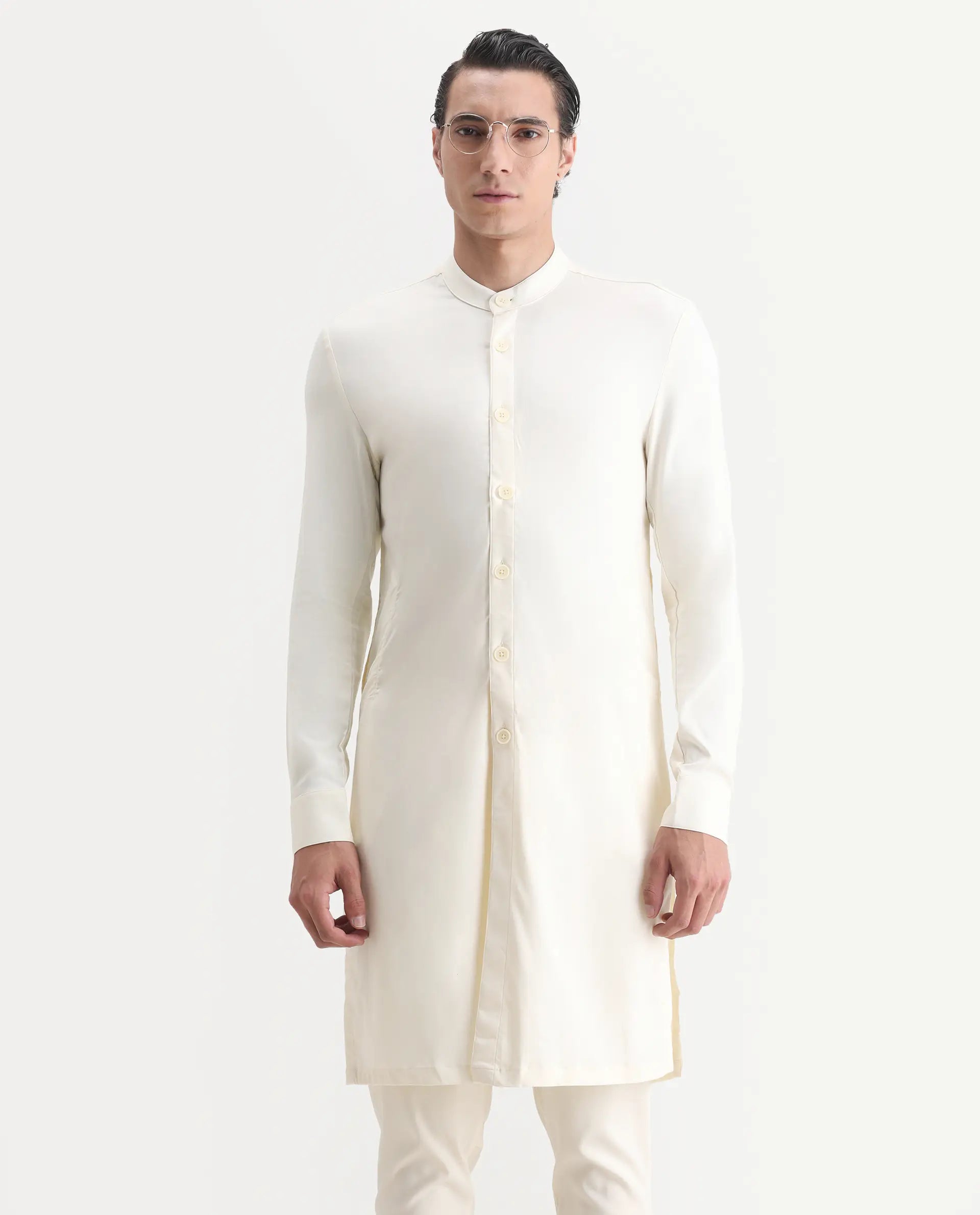 Rare Rabbit Men's Lasmosk Off White Plain Regular Fit Full Sleeve Mandarin Collar Kurta