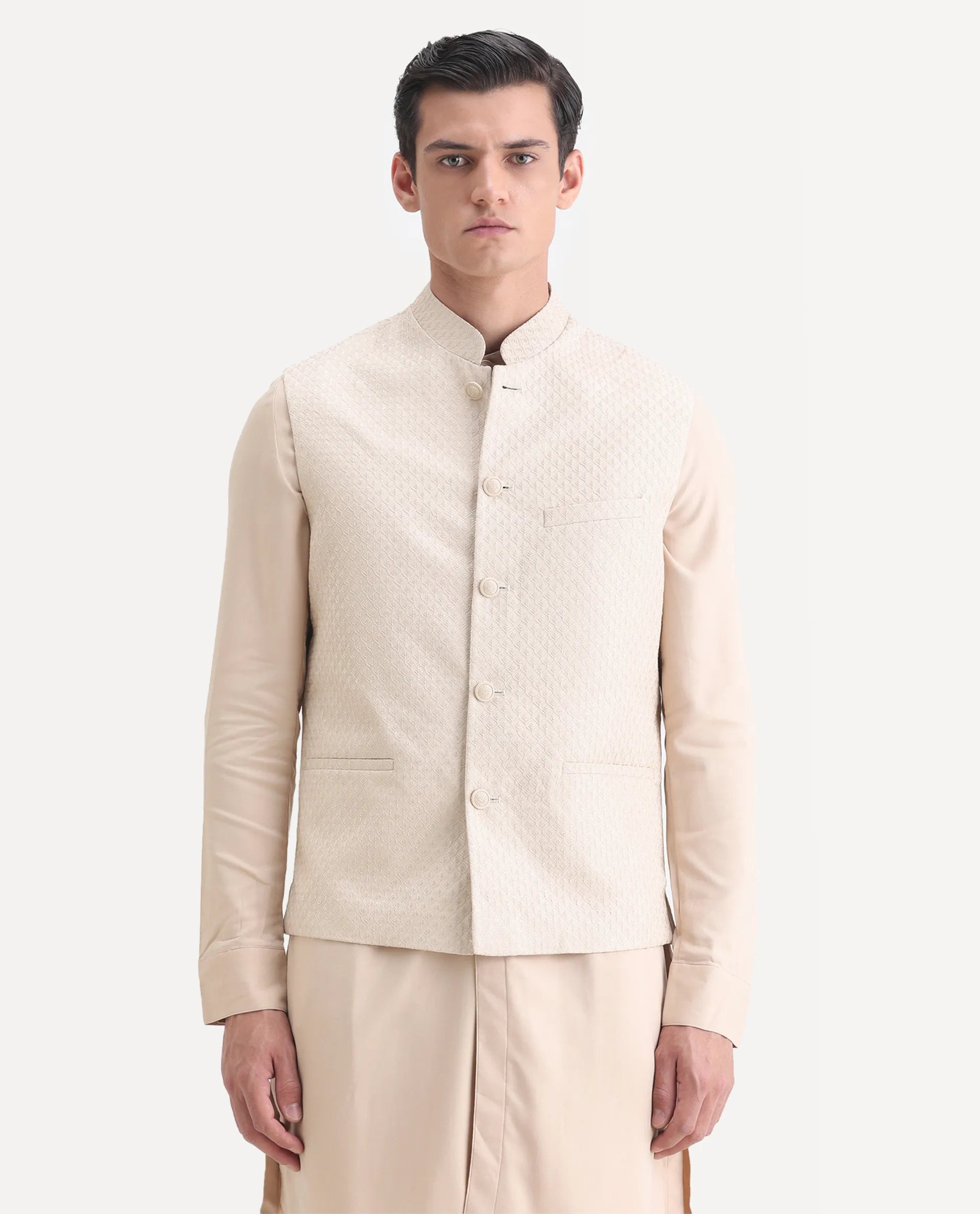 Rare Rabbit Men's Lasmos-Kpb Beige Viscose Embroidered Regular Fit Full Sleeve Mandarin Collar Kurta Suit