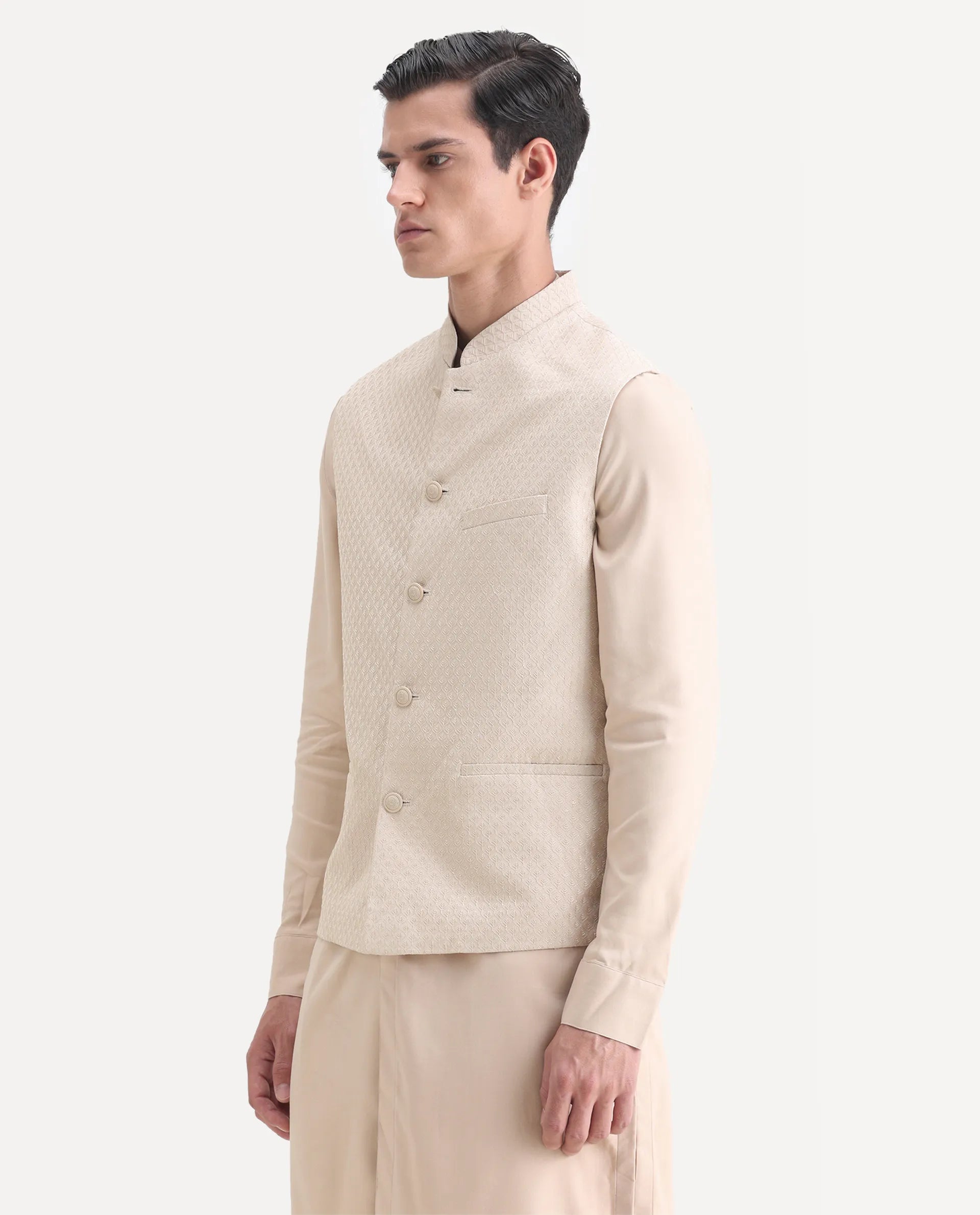 Rare Rabbit Men's Lasmos-Kpb Beige Viscose Embroidered Regular Fit Full Sleeve Mandarin Collar Kurta Suit