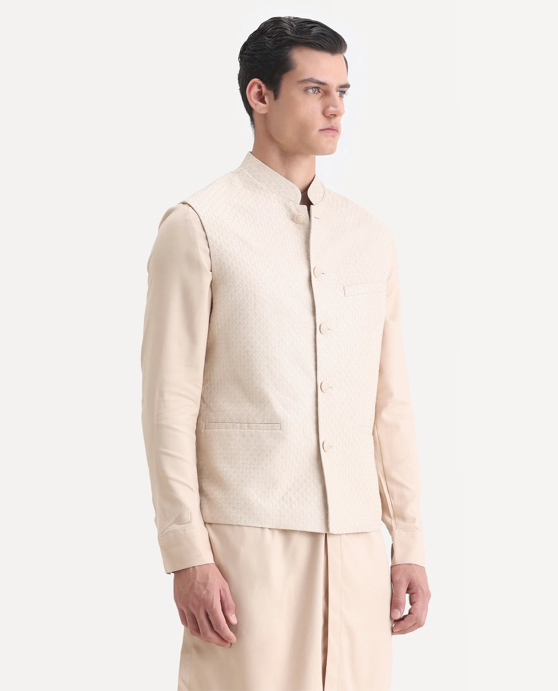 Rare Rabbit Men's Lasmos-Kpb Beige Viscose Embroidered Regular Fit Full Sleeve Mandarin Collar Kurta Suit