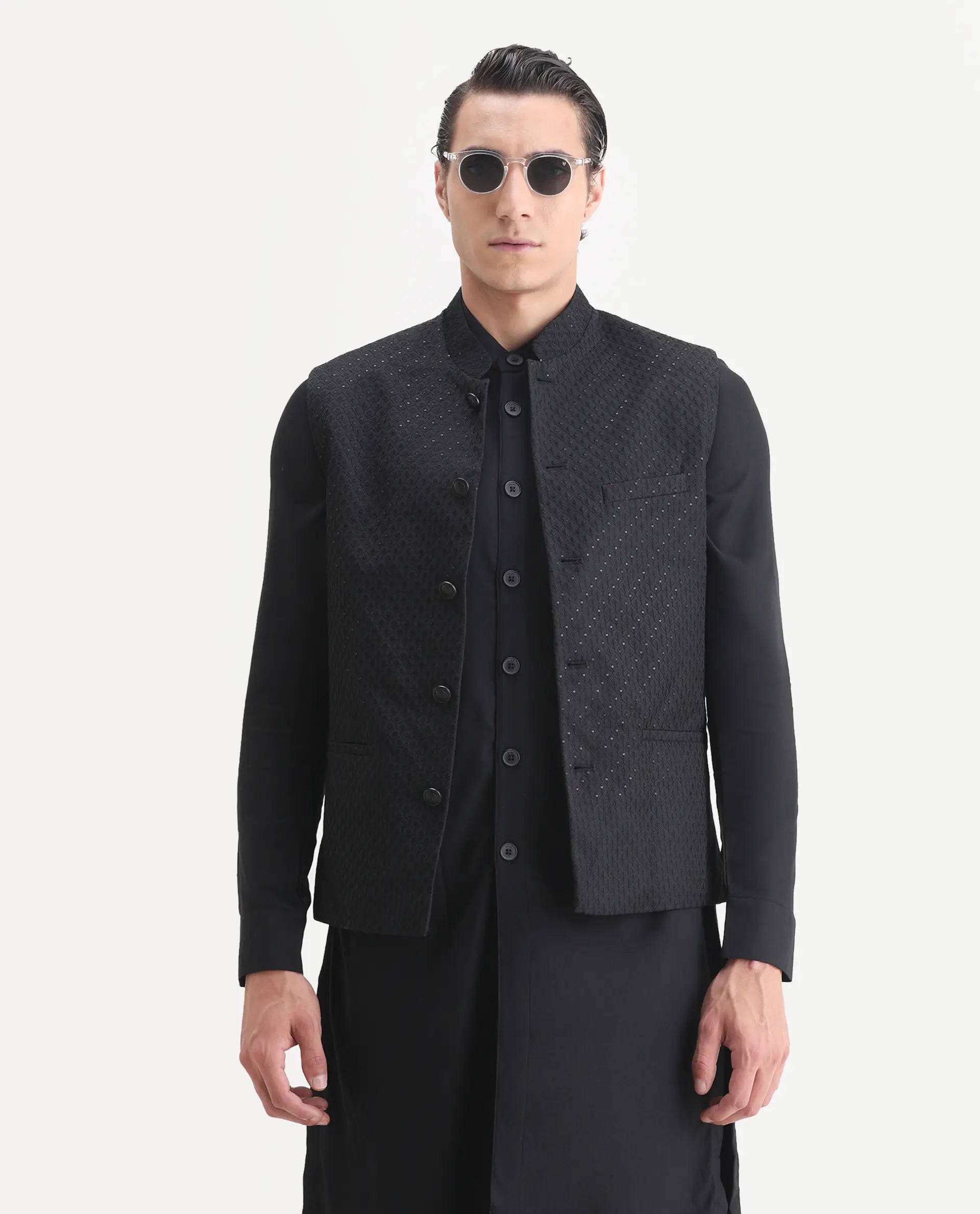 Rare Rabbit Men's Lasmos-Kpb Black Viscose Embroidered Regular Fit Full Sleeve Mandarin Collar Kurta Suit