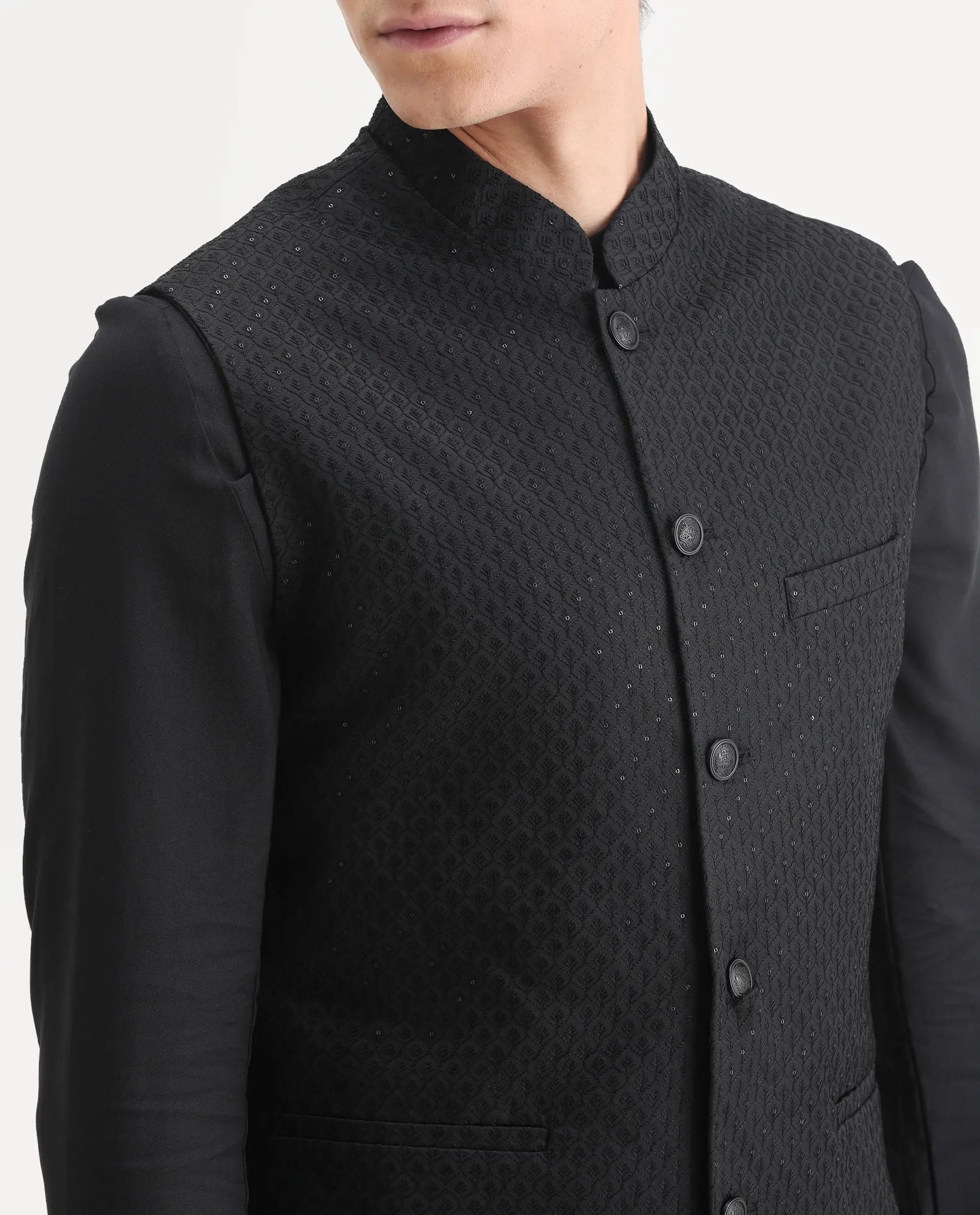 Rare Rabbit Men's Lasmos-Kpb Black Viscose Embroidered Regular Fit Full Sleeve Mandarin Collar Kurta Suit