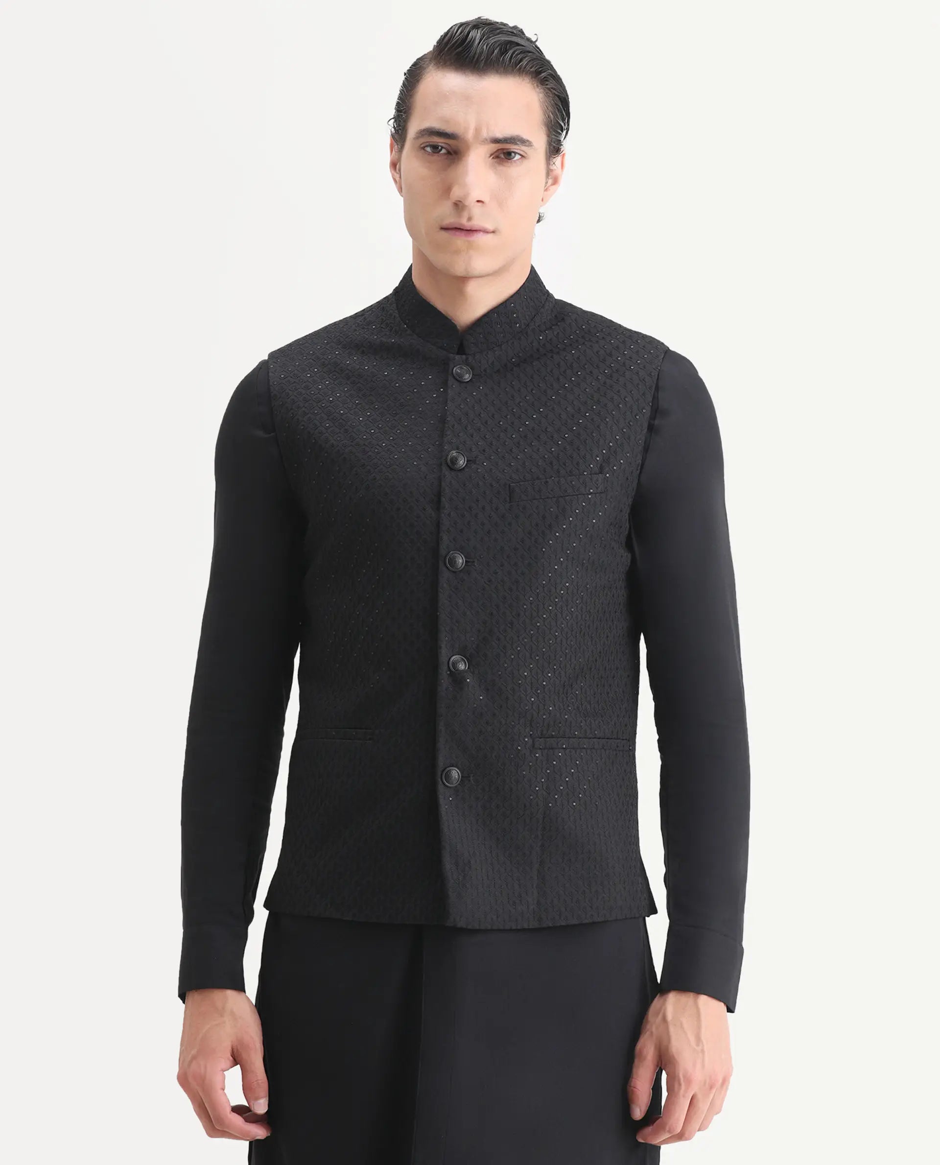 Rare Rabbit Men's Lasmos-Kpb Black Viscose Embroidered Regular Fit Full Sleeve Mandarin Collar Kurta Suit