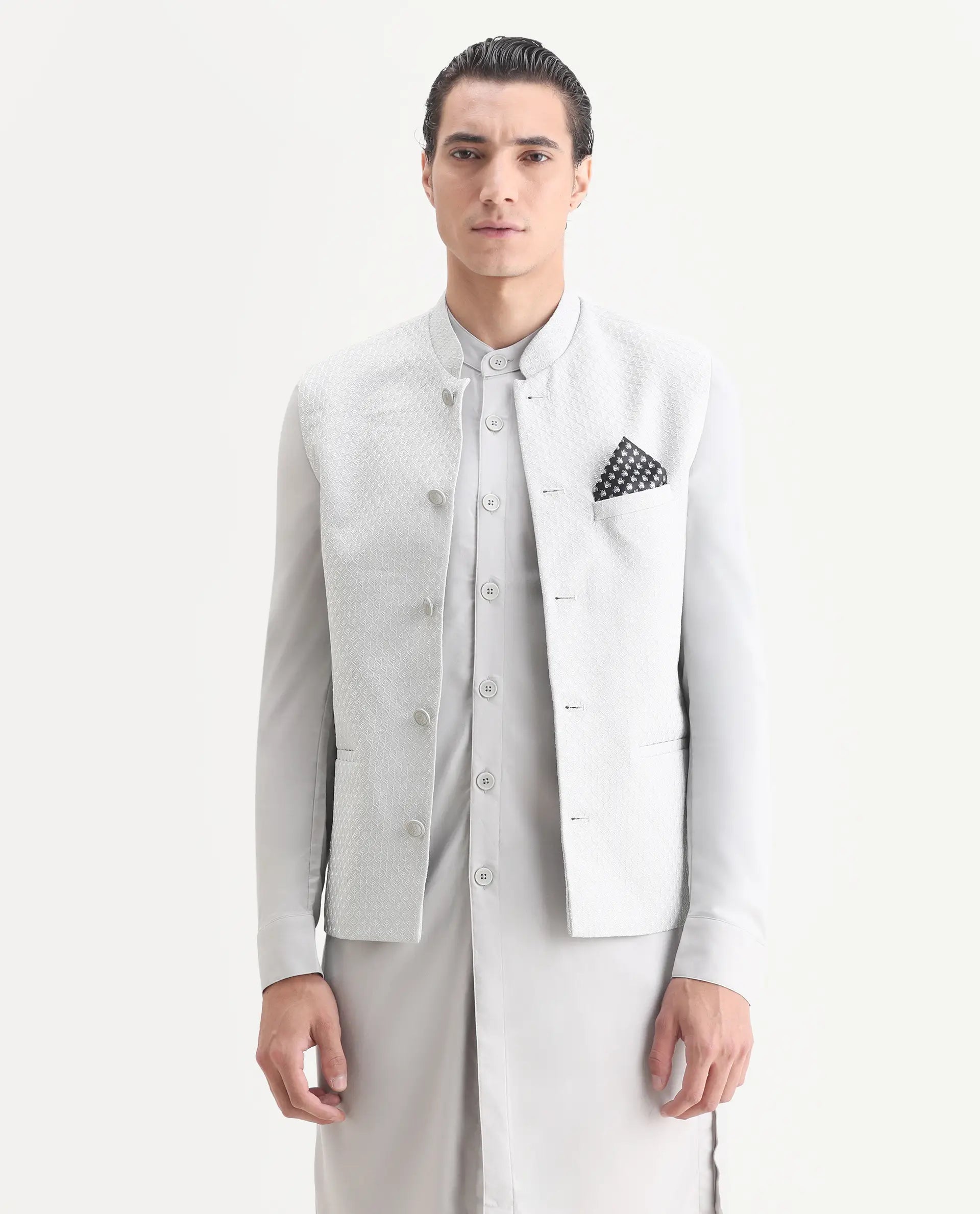 Rare Rabbit Men's Lasmos Kpb Light Grey Viscose Embroidered Regular Fit Full Sleeve Mandarin Collar Kurta Suit