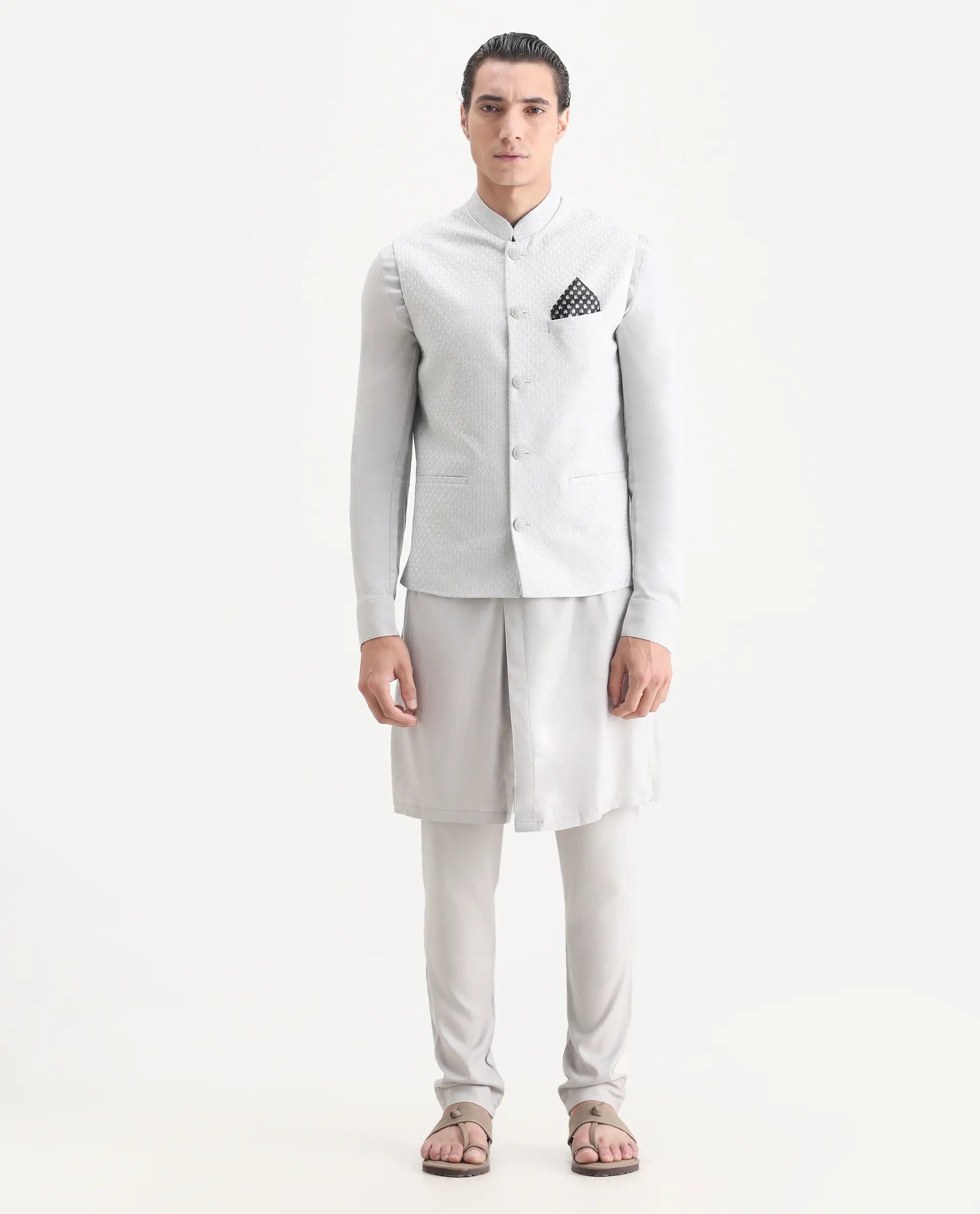 Rare Rabbit Men's Lasmos Kpb Light Grey Viscose Embroidered Regular Fit Full Sleeve Mandarin Collar Kurta Suit