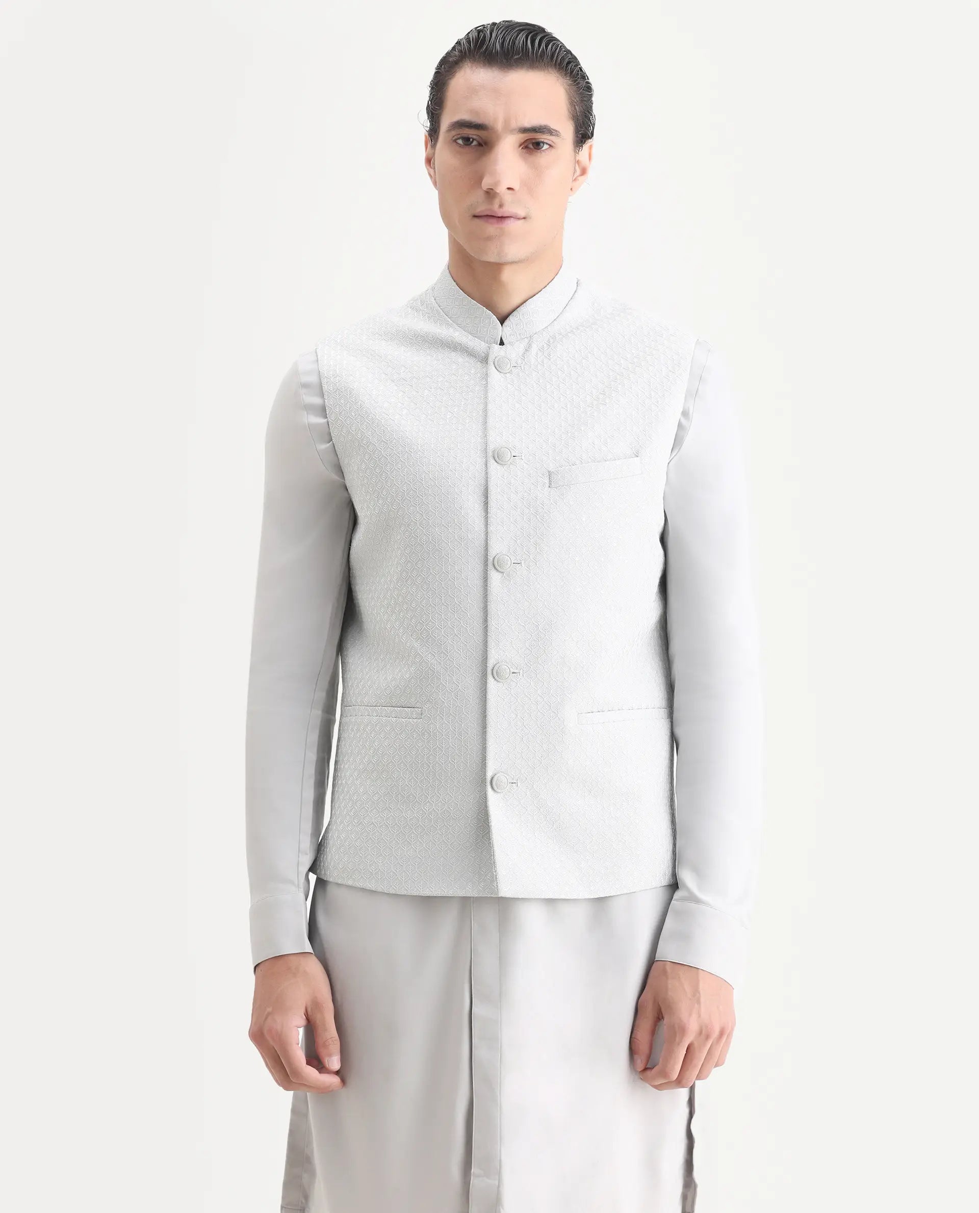 Rare Rabbit Men's Lasmos Kpb Light Grey Viscose Embroidered Regular Fit Full Sleeve Mandarin Collar Kurta Suit