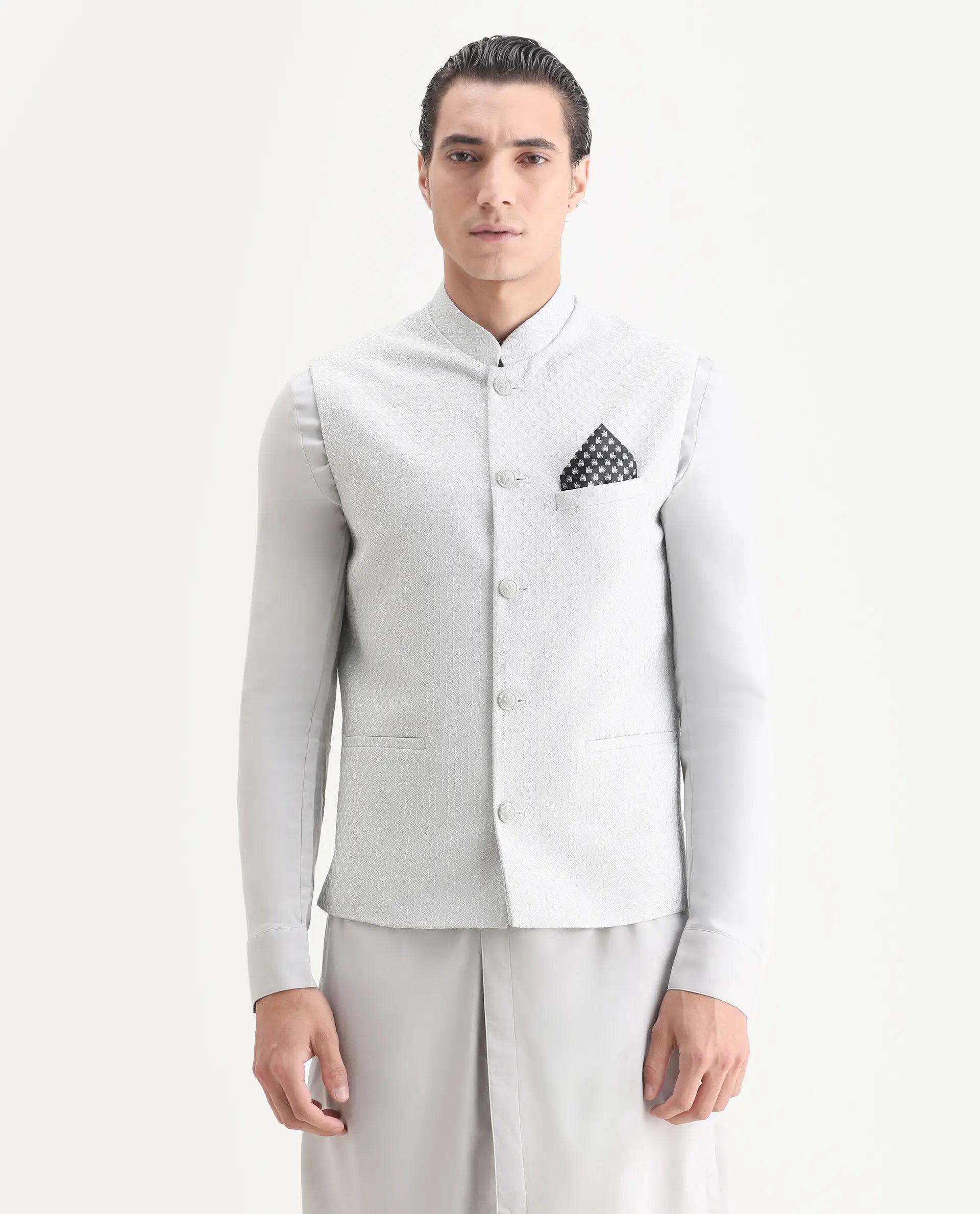 Rare Rabbit Men's Lasmos Kpb Light Grey Viscose Embroidered Regular Fit Full Sleeve Mandarin Collar Kurta Suit