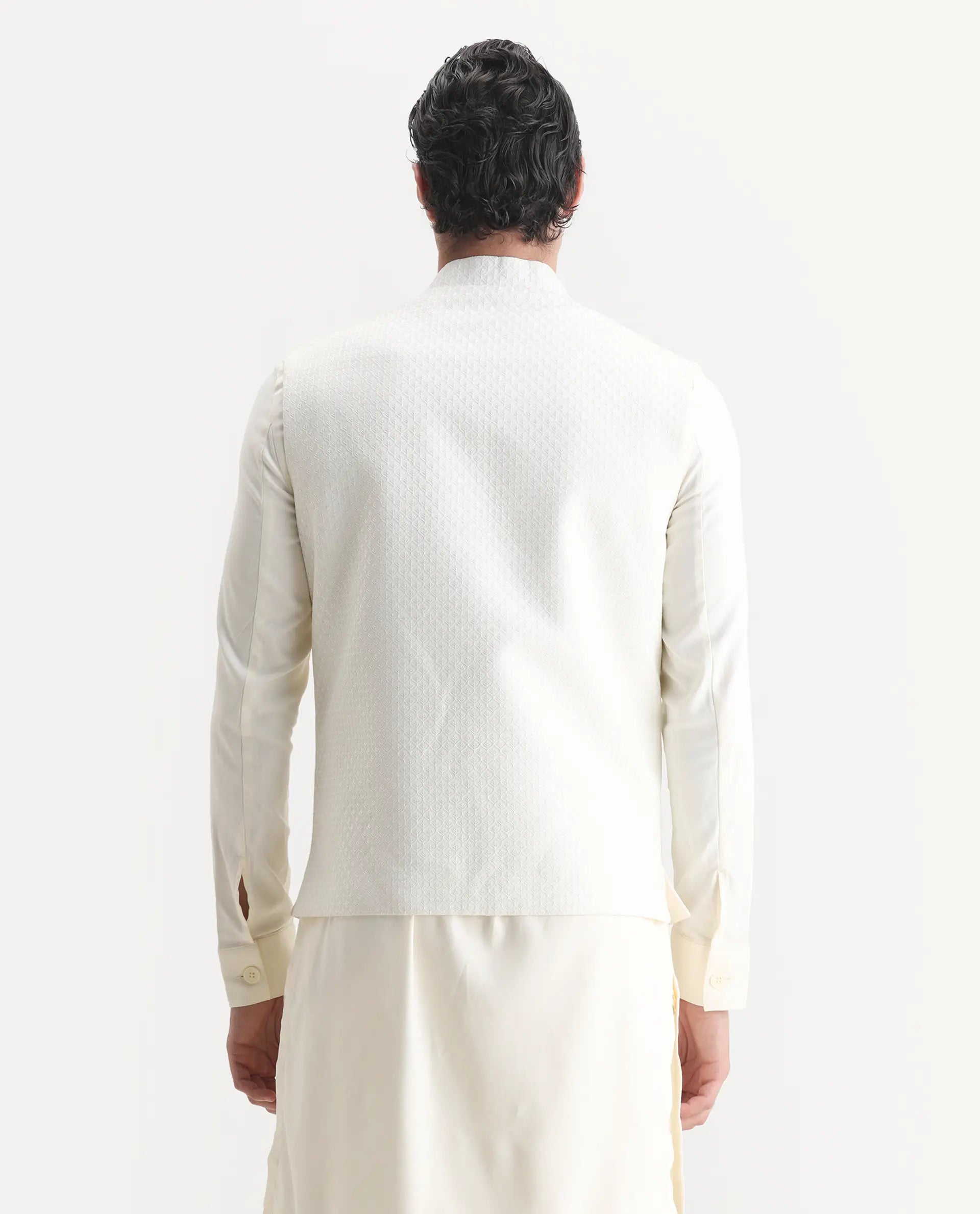 Rare Rabbit Men's Lasmos Kpb Off White Viscose Embroidered Regular Fit Full Sleeve Mandarin Collar Kurta Suit