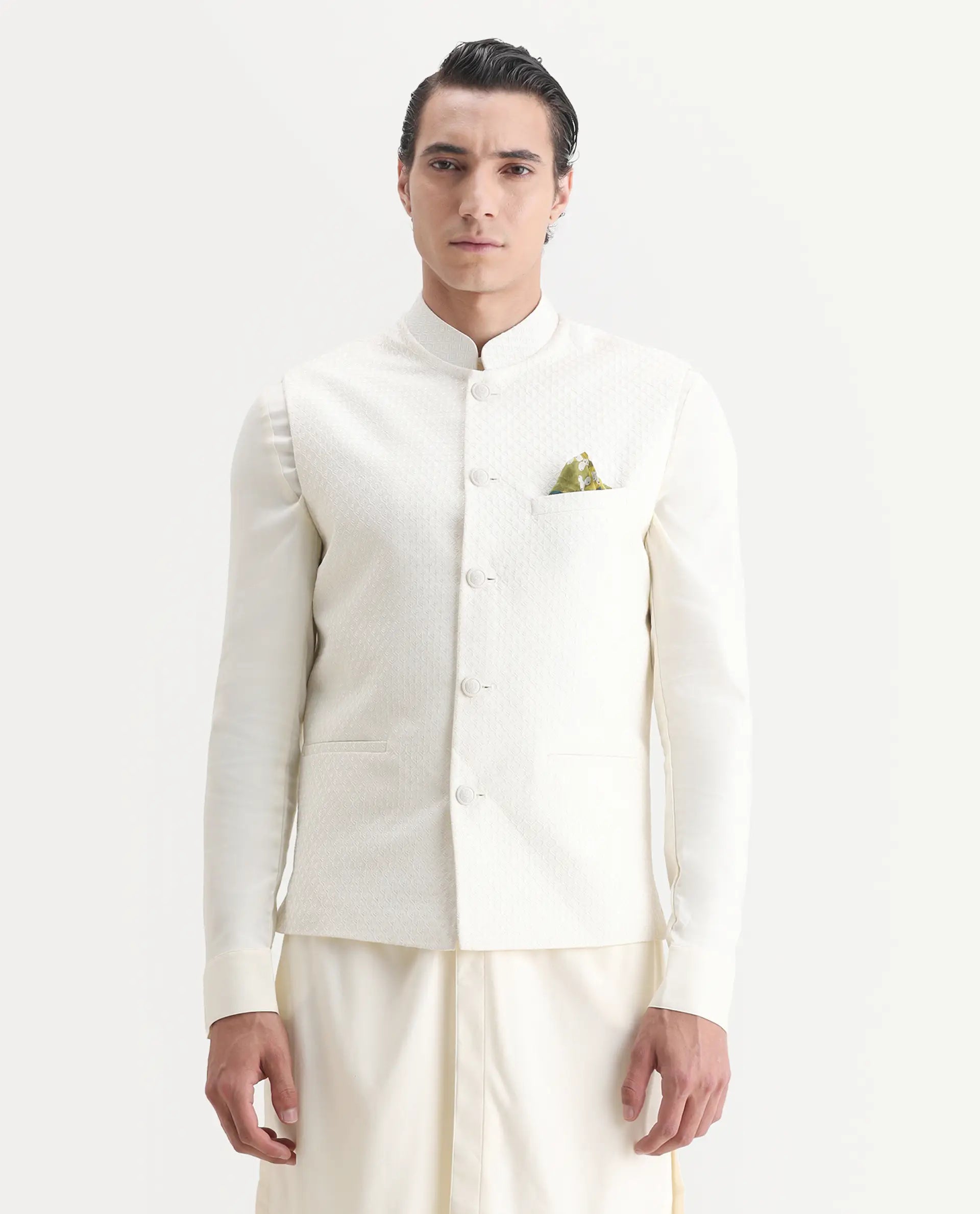 Rare Rabbit Men's Lasmos Kpb Off White Viscose Embroidered Regular Fit Full Sleeve Mandarin Collar Kurta Suit