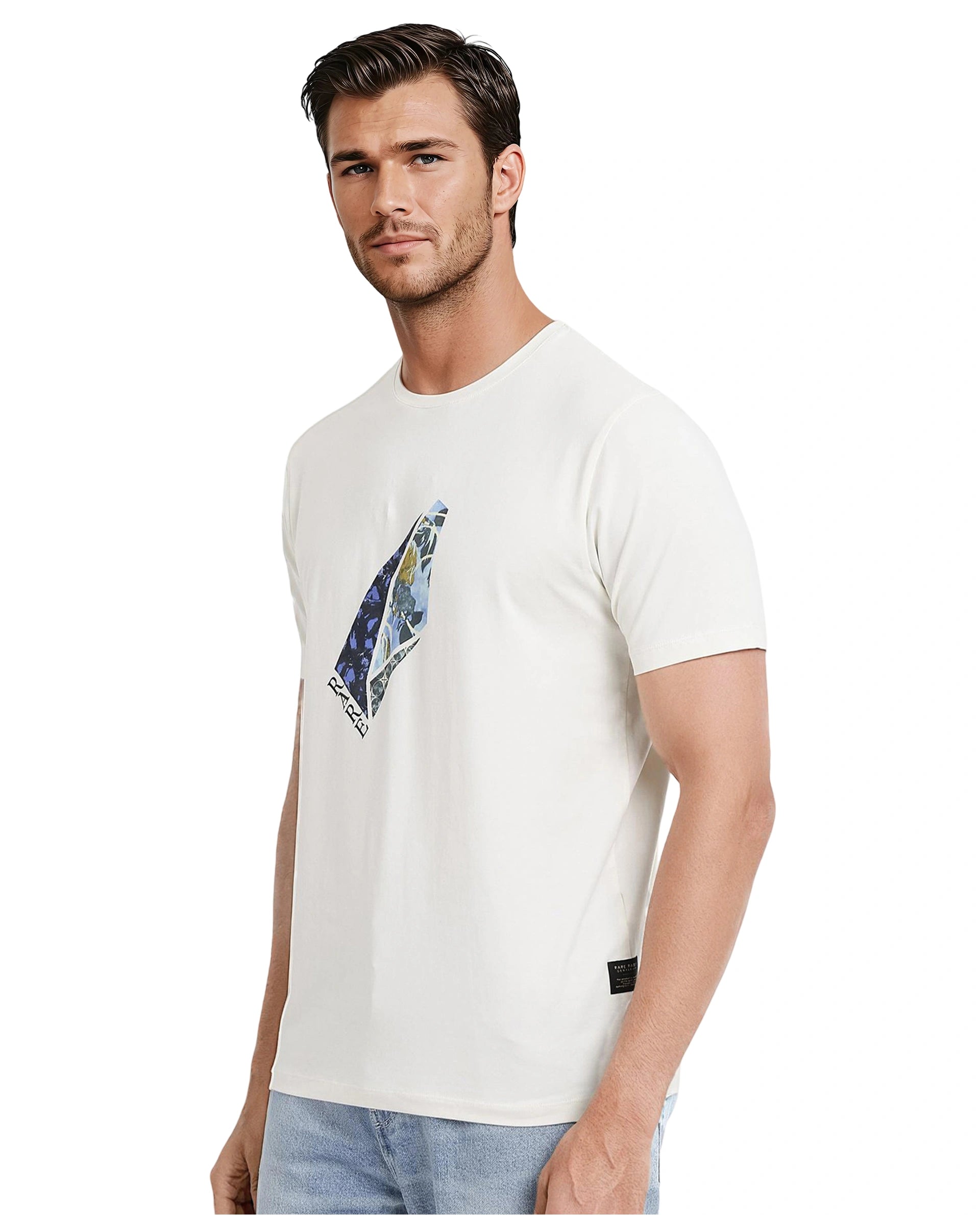 Rare Rabbit Men Lason Off White Cotton Lycra Fabric Short Sleeve Crew Neck Regular Fit Graphic Print T-Shirt