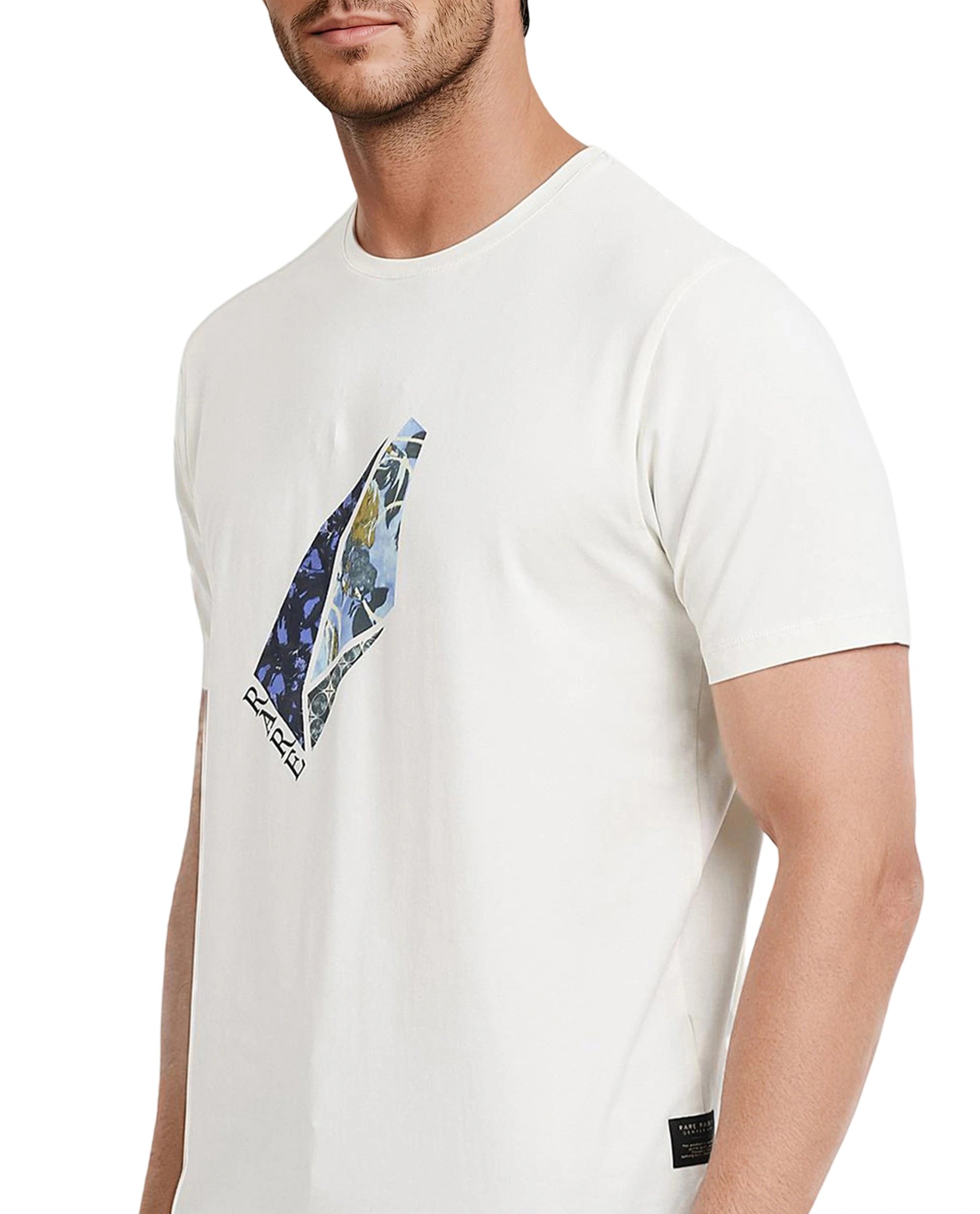 Rare Rabbit Men Lason Off White Cotton Lycra Fabric Short Sleeve Crew Neck Regular Fit Graphic Print T-Shirt