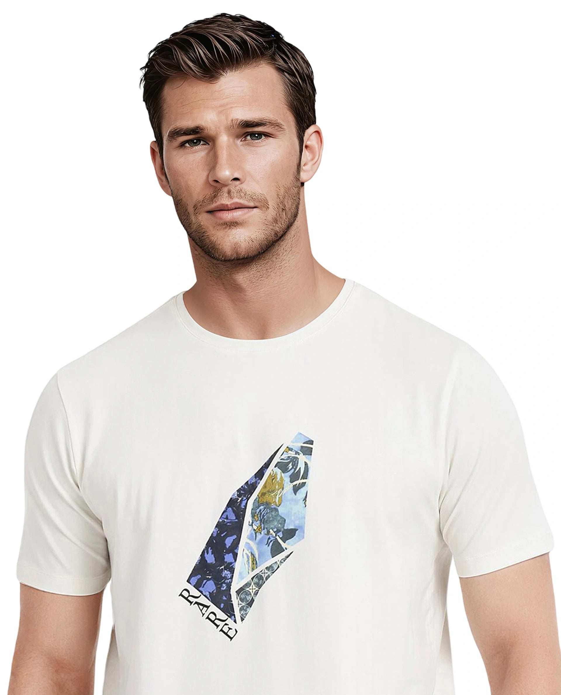 Rare Rabbit Men Lason Off White Cotton Lycra Fabric Short Sleeve Crew Neck Regular Fit Graphic Print T-Shirt