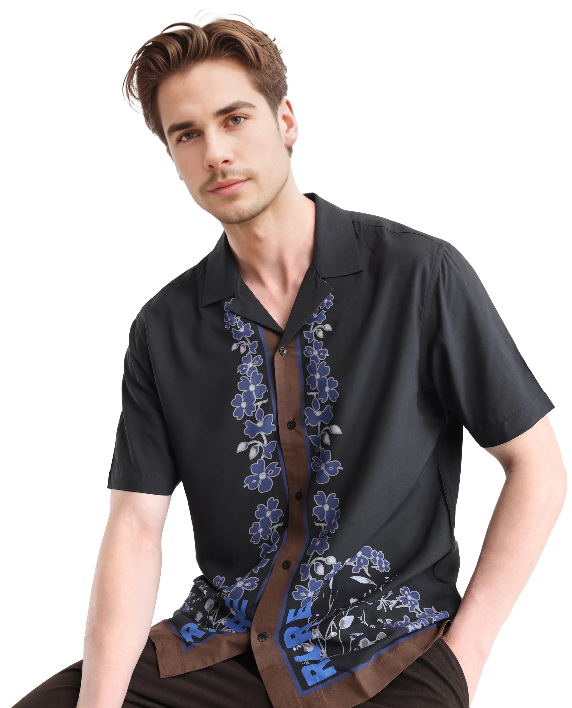 Rare Rabbit Men Lato Black Viscose Fabric Cuban Collar Floral and Typography Printed Boxy Fit Shirt