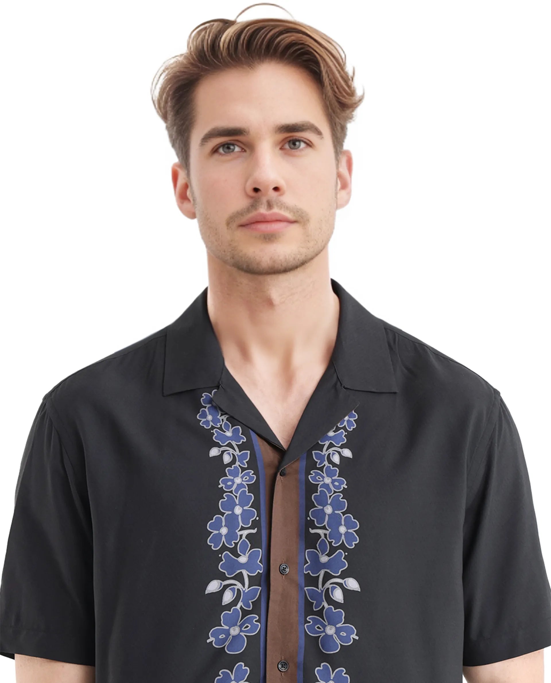 Rare Rabbit Men Lato Black Viscose Fabric Cuban Collar Floral and Typography Printed Boxy Fit Shirt