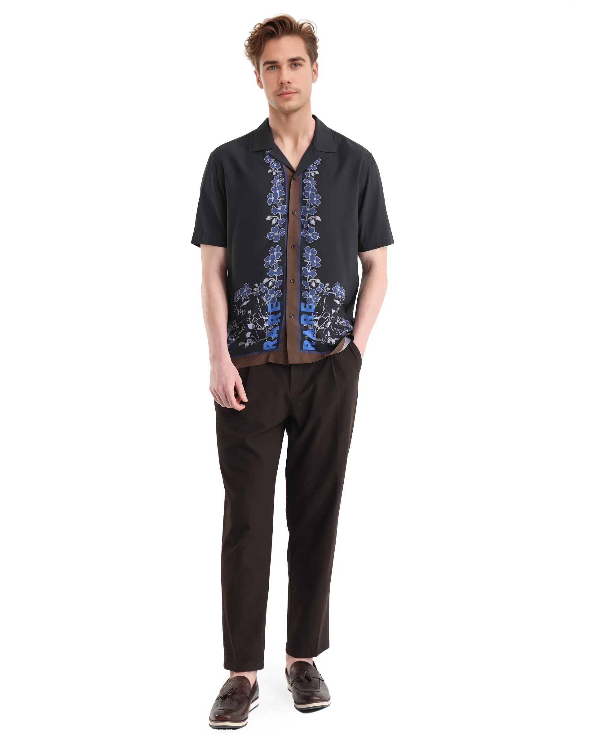 Rare Rabbit Men Lato Black Viscose Fabric Cuban Collar Floral and Typography Printed Boxy Fit Shirt